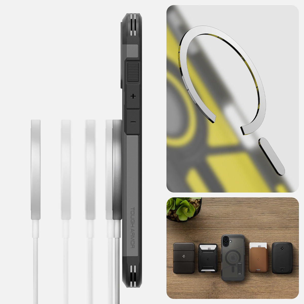Handyhülle für iPhone 16, Spigen Tough Armor Mag mit MagSafe, Rauchfarben