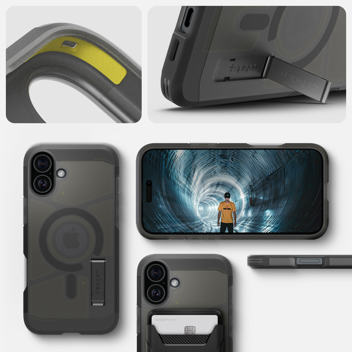 Handyhülle für iPhone 16, Spigen Tough Armor Mag mit MagSafe, Rauchfarben