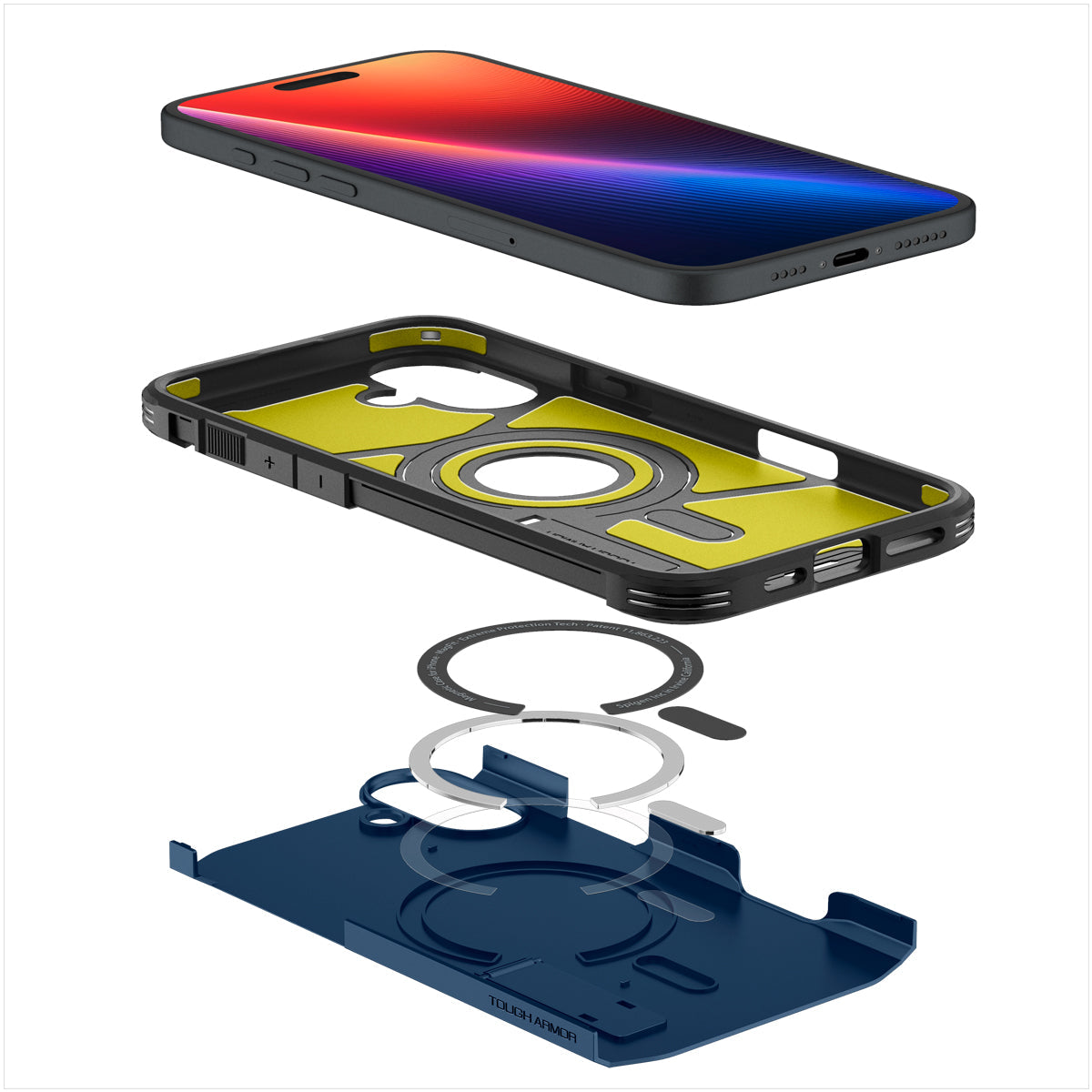 Handyhülle für iPhone 16, Spigen Tough Armor Mag mit MagSafe, Dunkelblau