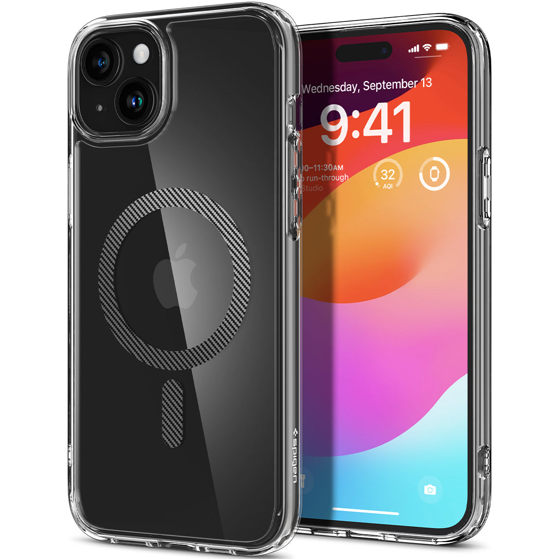 Schutzhülle Spigen Ultra Hybrid Mag mit MagSafe für Apple iPhone 15, Transparent-Schwarz-Karbonmuster