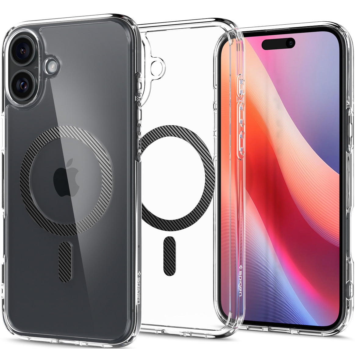 Handyhülle für iPhone 16, Spigen Ultra Hybrid Mag mit MagSafe, Transparent-Schwarz-Karbonmuster