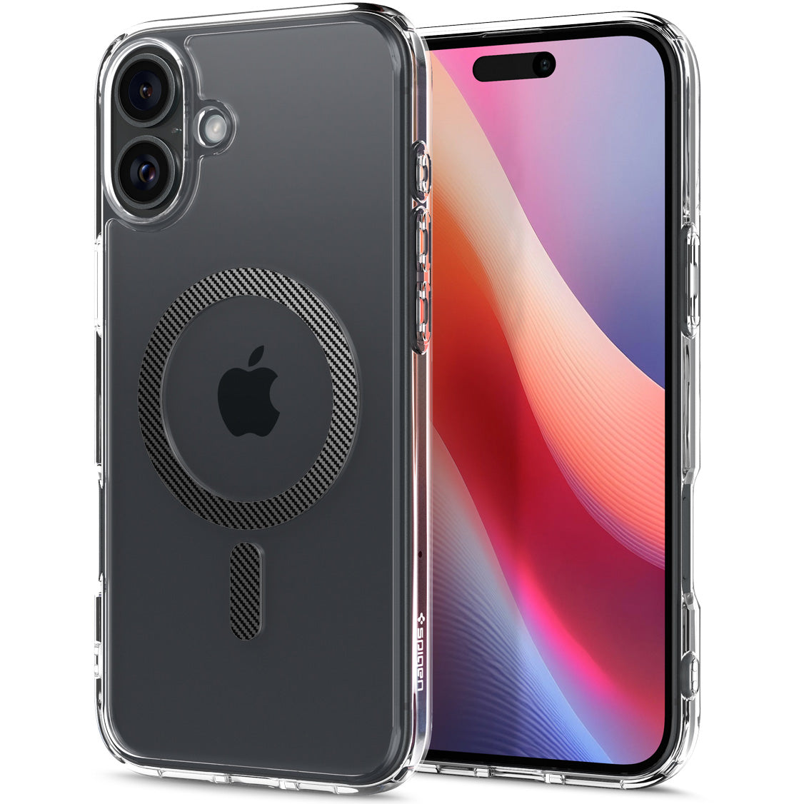 Handyhülle für iPhone 16, Spigen Ultra Hybrid Mag mit MagSafe, Transparent-Schwarz-Karbonmuster