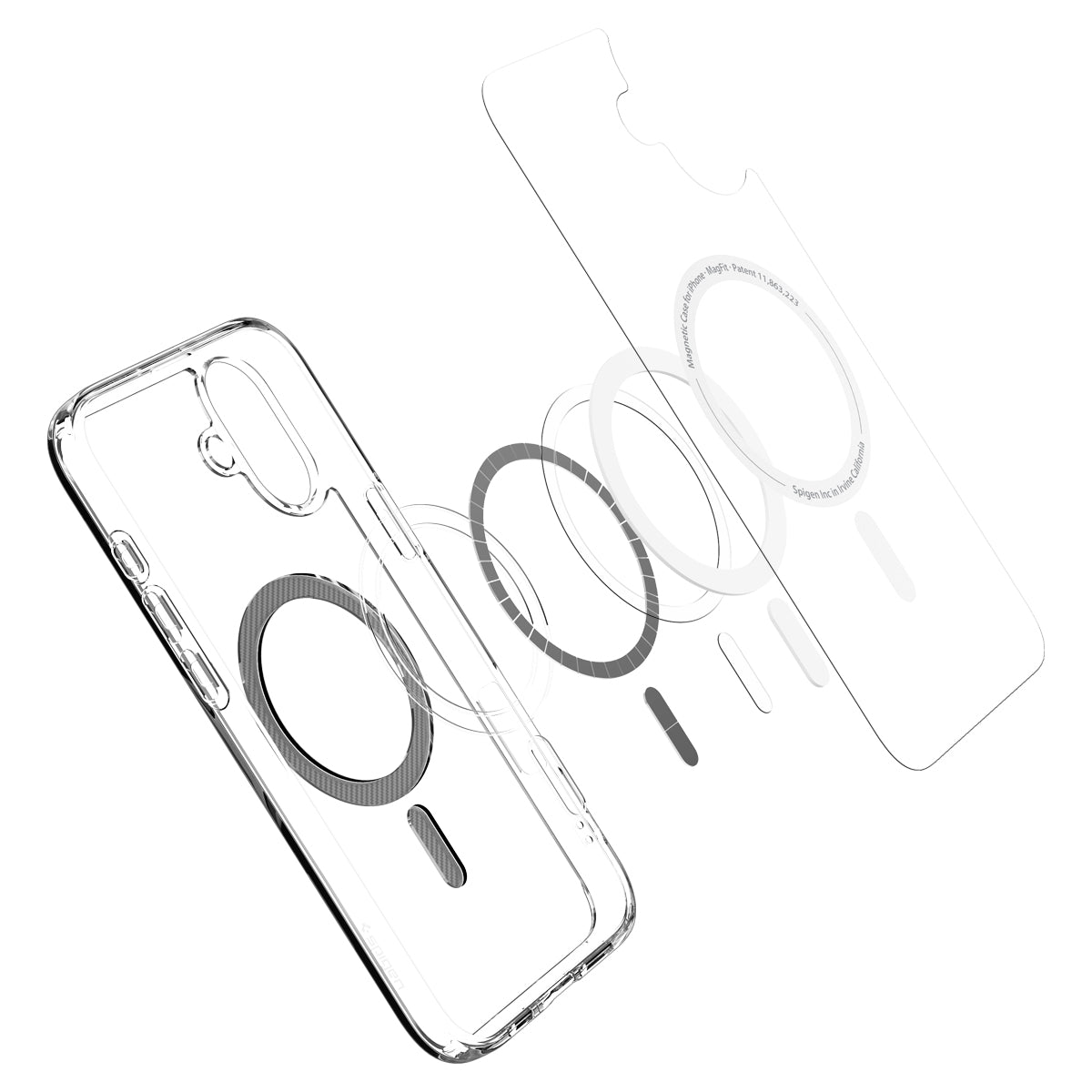 Handyhülle für iPhone 16, Spigen Ultra Hybrid Mag mit MagSafe, Transparent-Schwarz-Karbonmuster