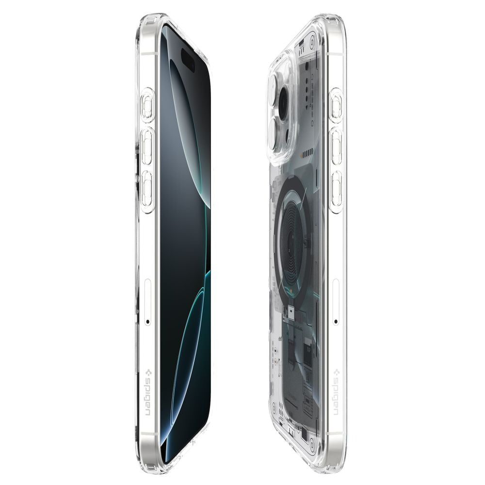 Handyhülle für iPhone 16 Pro, Spigen Ultra Hybrid Mag mit MagSafe, Transparent-Gemustert (Neo One)
