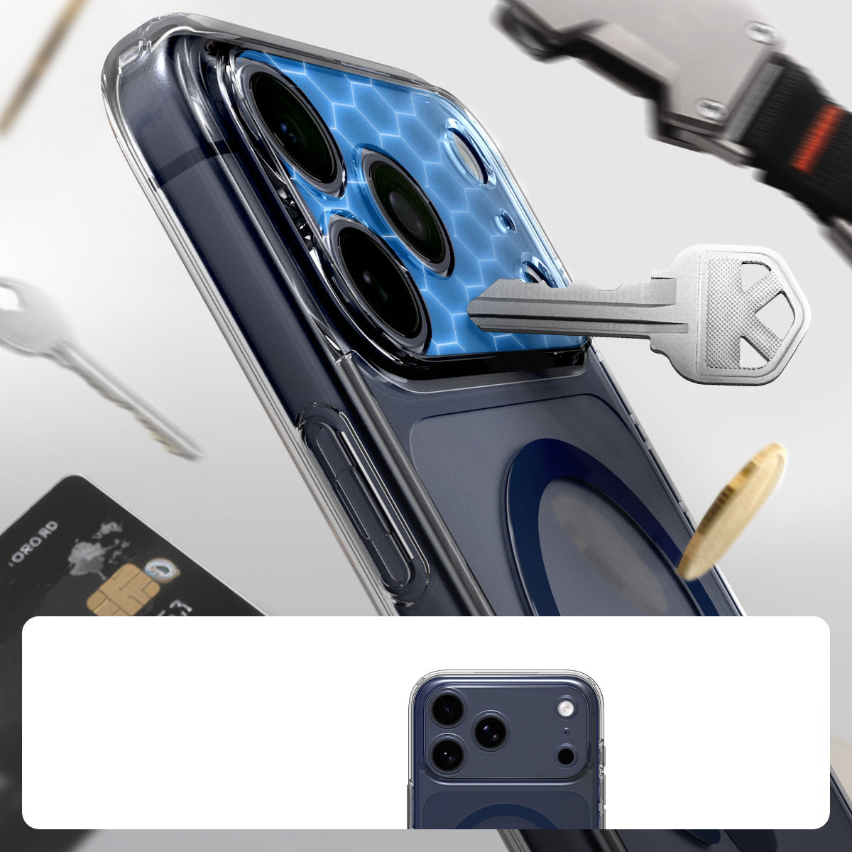 Handyhülle für iPhone 17 Pro, Spigen Ultra Hybrid Mag mit MagSafe, Transparent-Dunkelblau