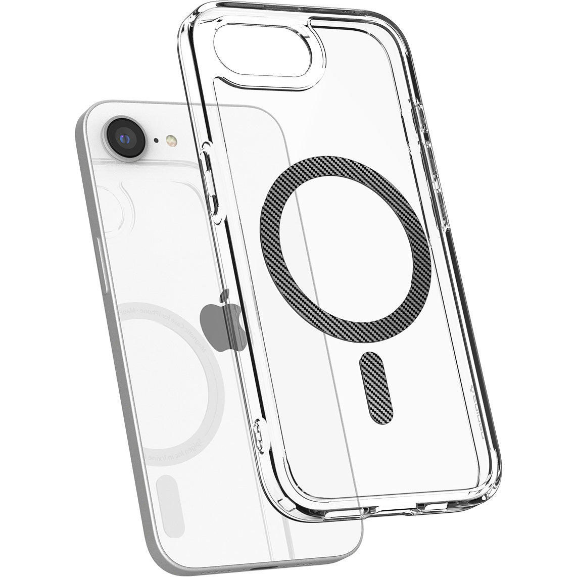 Handyhülle für iPhone 17e / 16e, Spigen Ultra Hybrid Mag mit MagSafe, Transparent-Schwarz-Karbonmuster