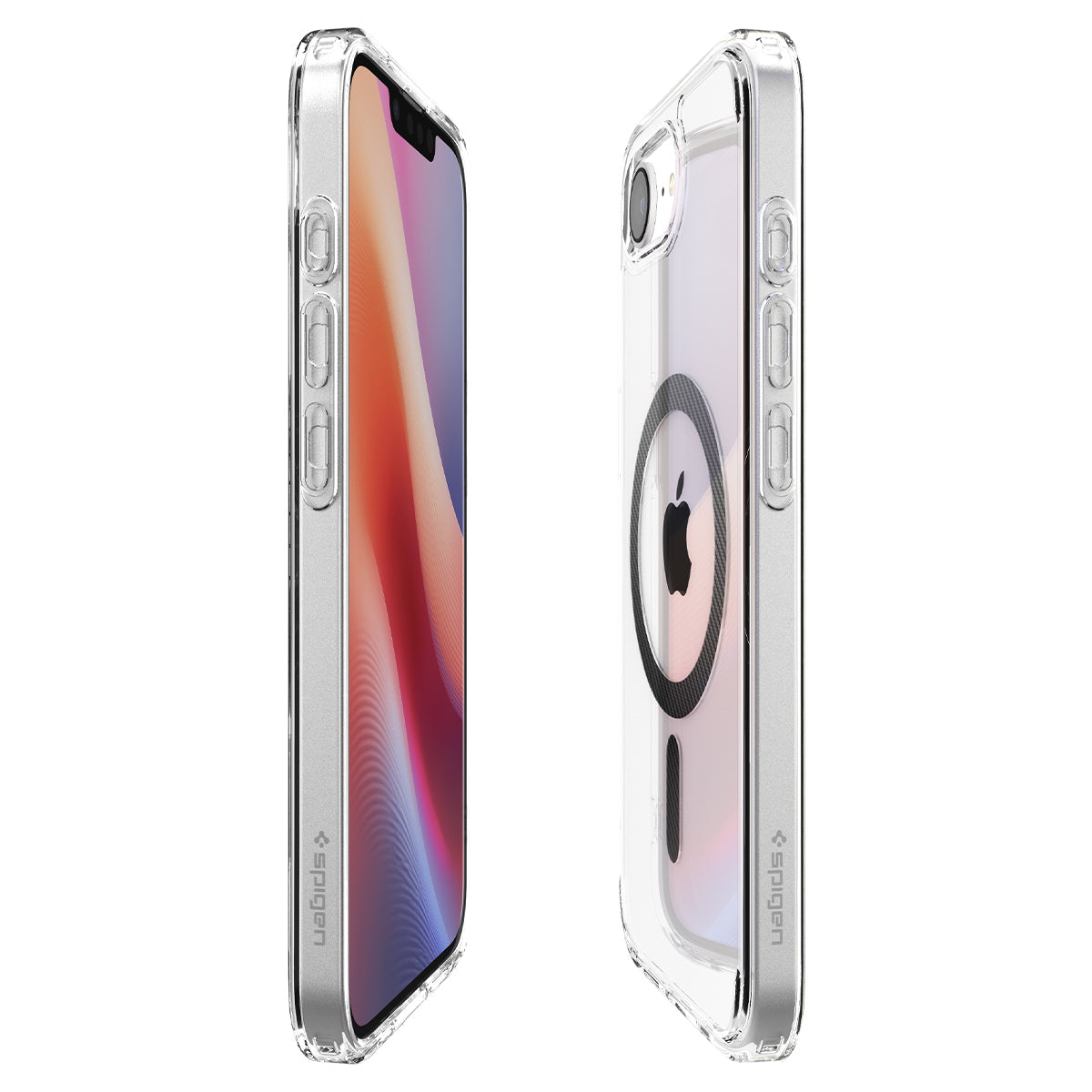 Handyhülle für iPhone 17e / 16e, Spigen Ultra Hybrid Mag mit MagSafe, Transparent-Schwarz-Karbonmuster
