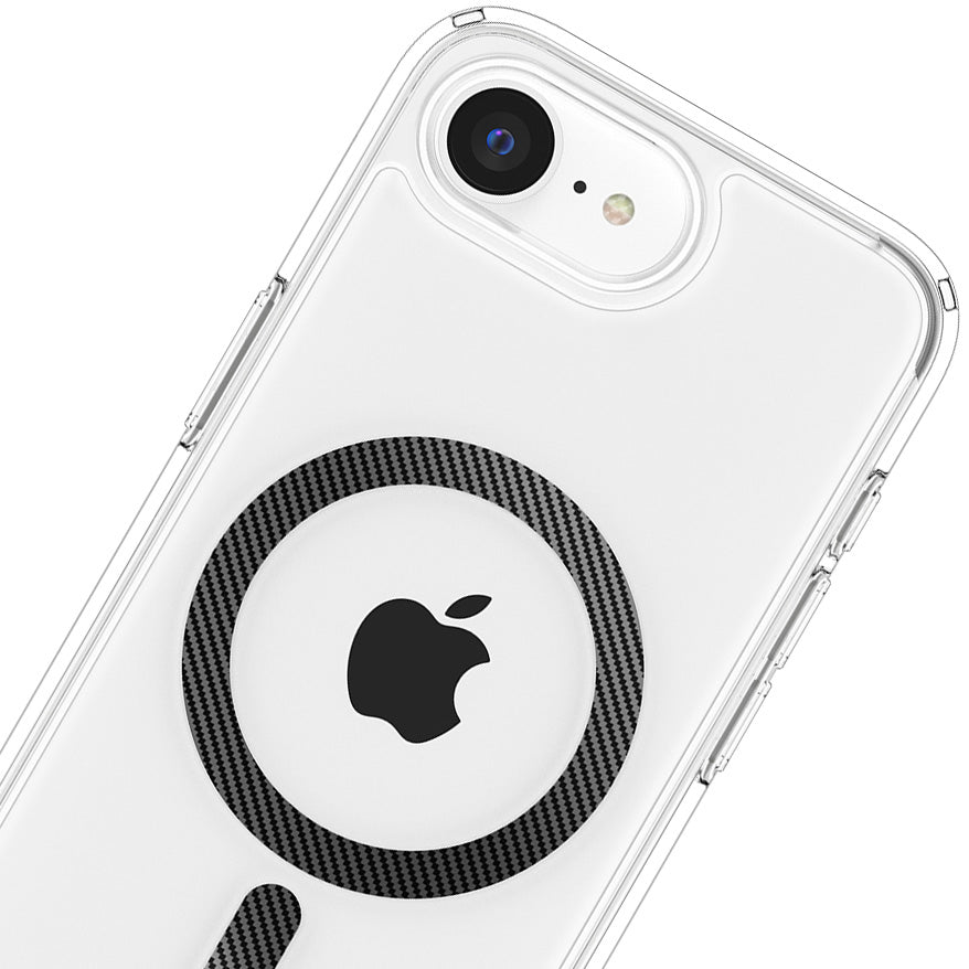 Handyhülle für iPhone 17e / 16e, Spigen Ultra Hybrid Mag mit MagSafe, Transparent-Schwarz-Karbonmuster