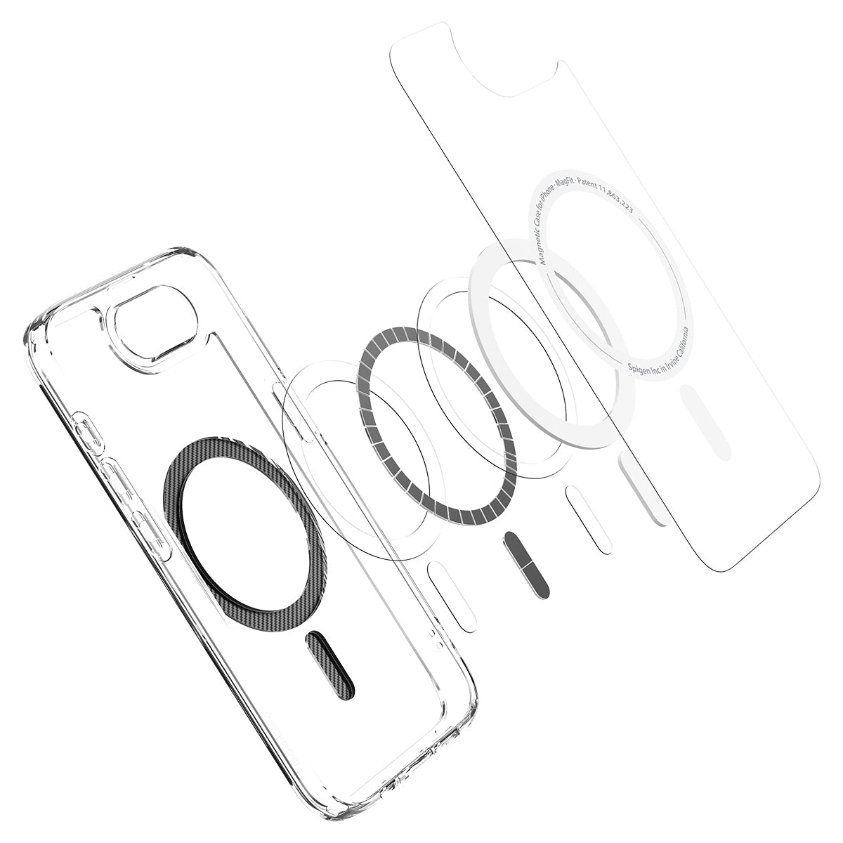 Handyhülle für iPhone 17e / 16e, Spigen Ultra Hybrid Mag mit MagSafe, Transparent-Schwarz-Karbonmuster