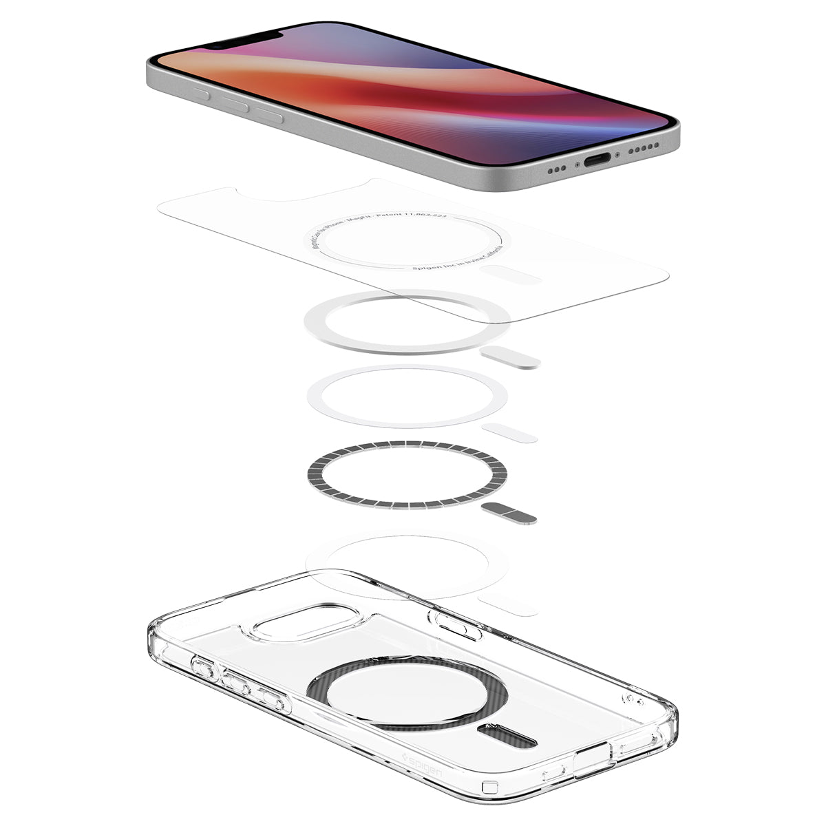 Handyhülle für iPhone 17e / 16e, Spigen Ultra Hybrid Mag mit MagSafe, Transparent-Schwarz-Karbonmuster