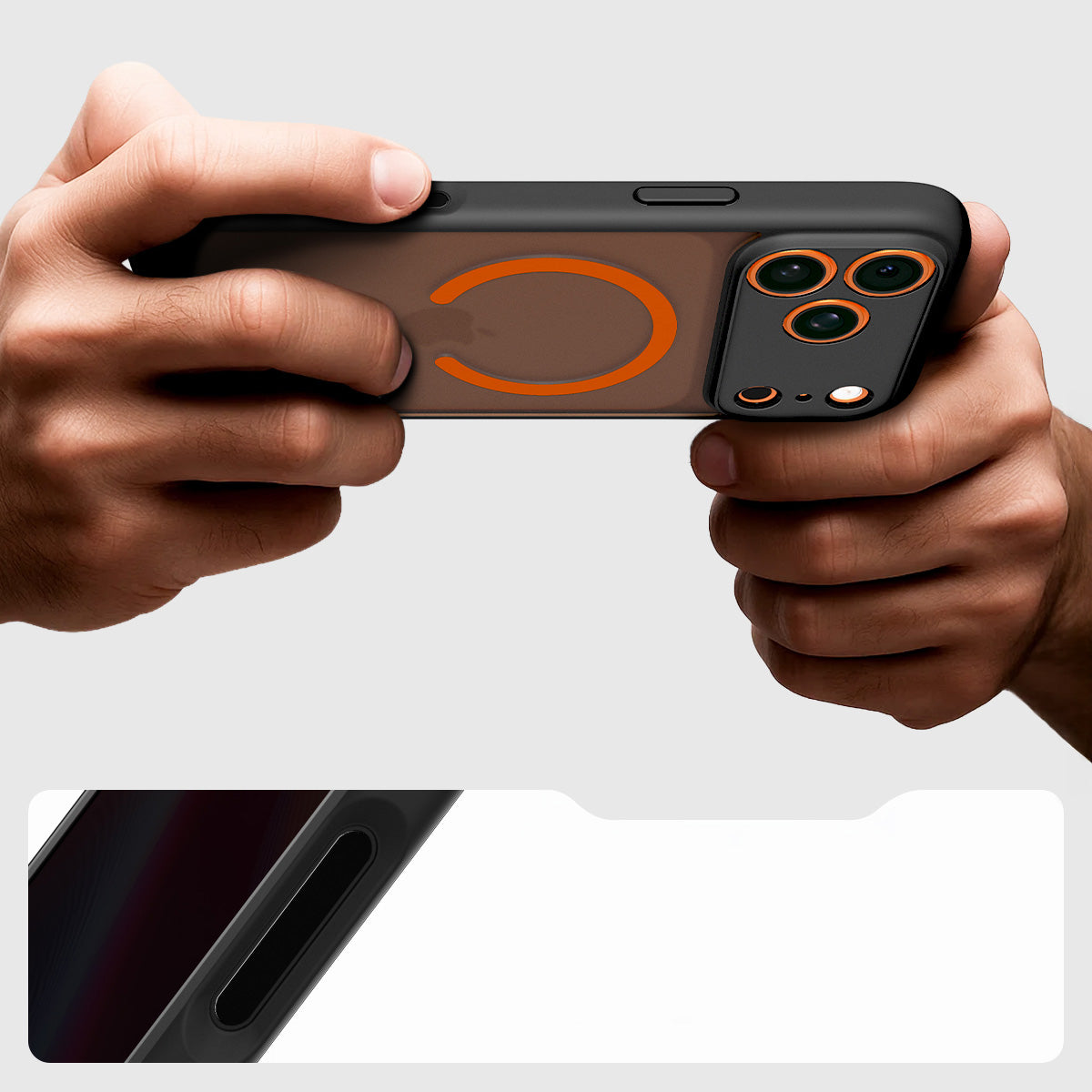 Handyhülle für iPhone 17 Pro Max, Spigen Ultra Hybrid Mag mit MagSafe, Durchscheinend-Schwarz-Orange