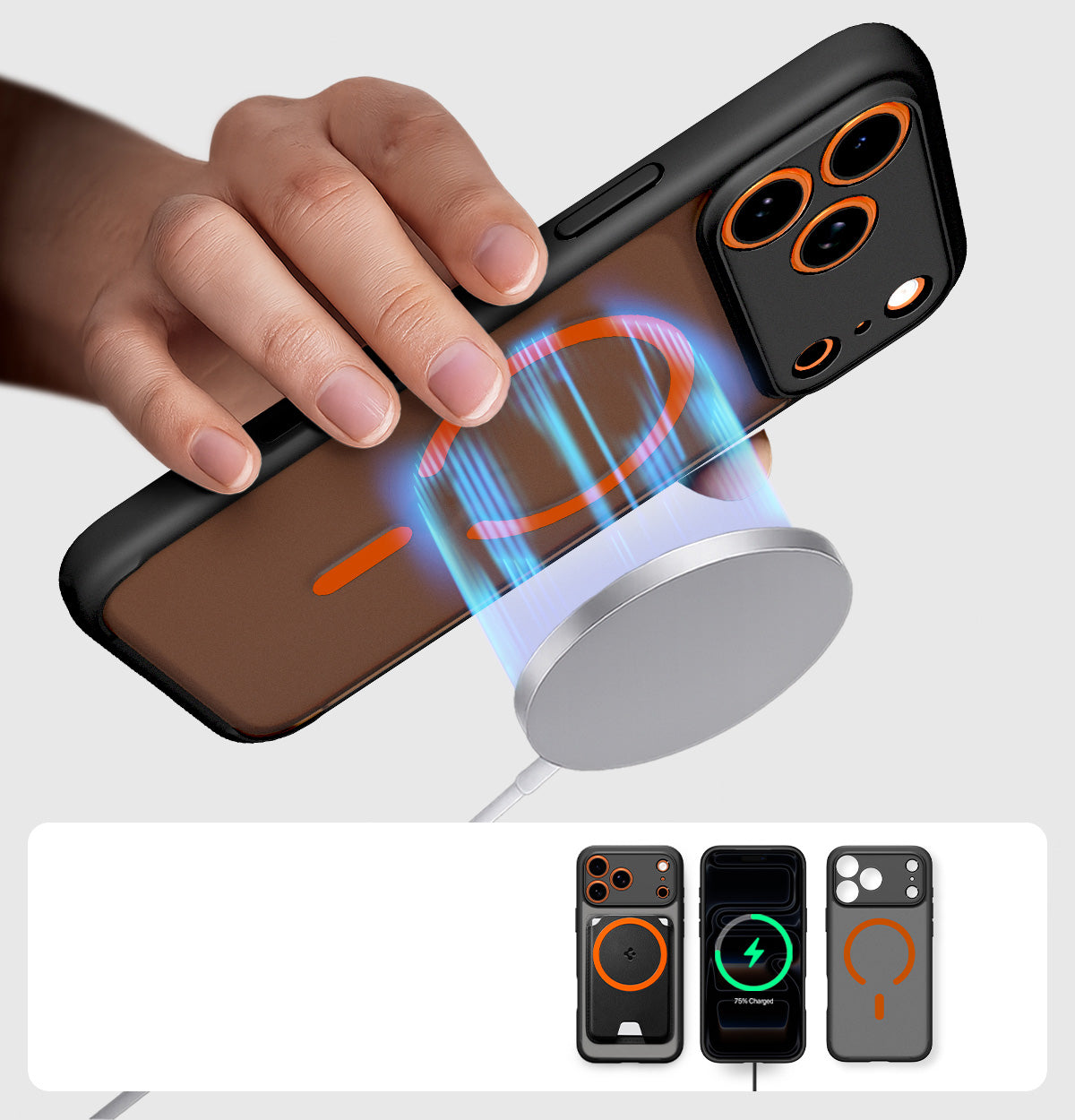 Handyhülle für iPhone 17 Pro Max, Spigen Ultra Hybrid Mag mit MagSafe, Durchscheinend-Schwarz-Orange