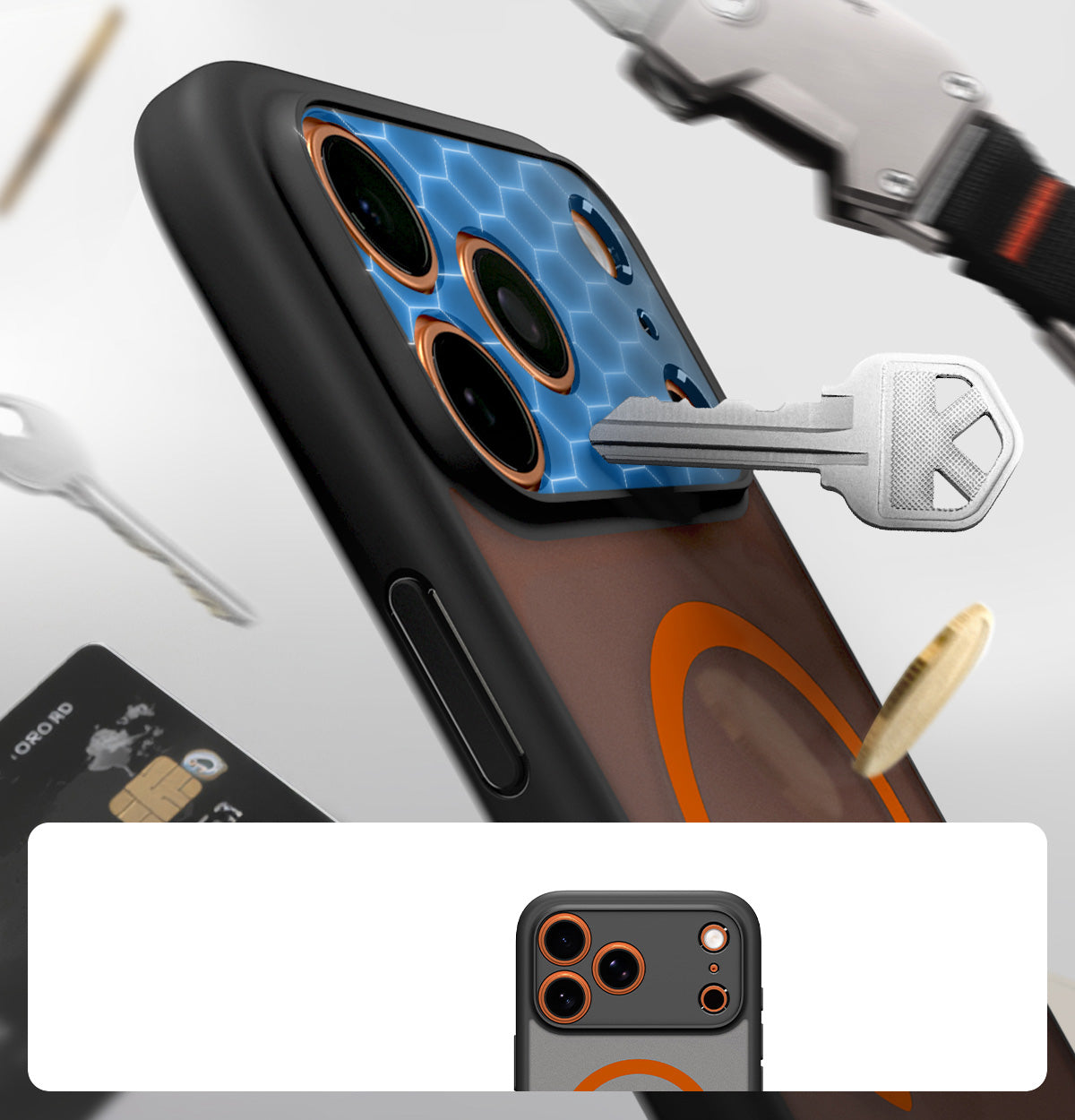 Handyhülle für iPhone 17 Pro Max, Spigen Ultra Hybrid Mag mit MagSafe, Durchscheinend-Schwarz-Orange