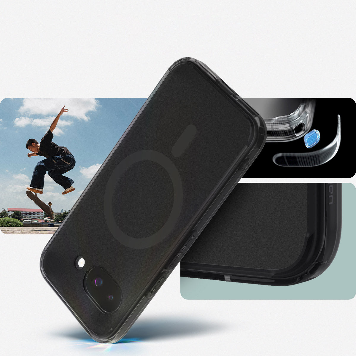 Handyhülle für Google Pixel 9a, Spigen Ultra Hybrid Mag mit MagSafe, Grau-Schwarz