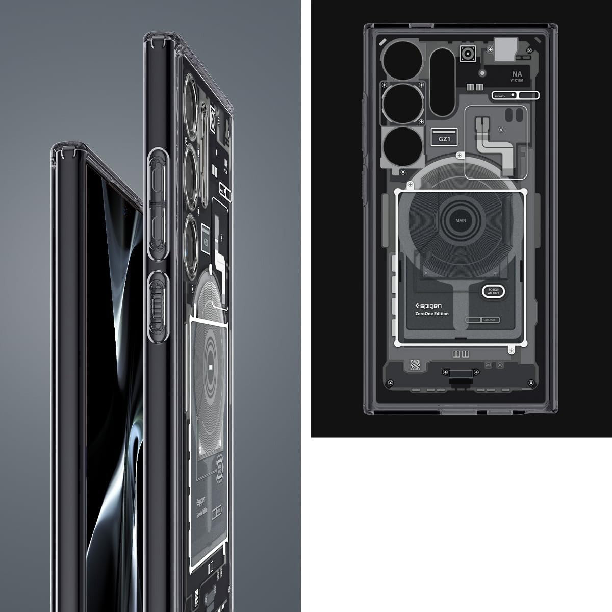 Schutzhülle für Galaxy S24 Ultra, Spigen Ultra Hybrid OneTap Metal Ring, Rauchfarben-Grau (Zero One)