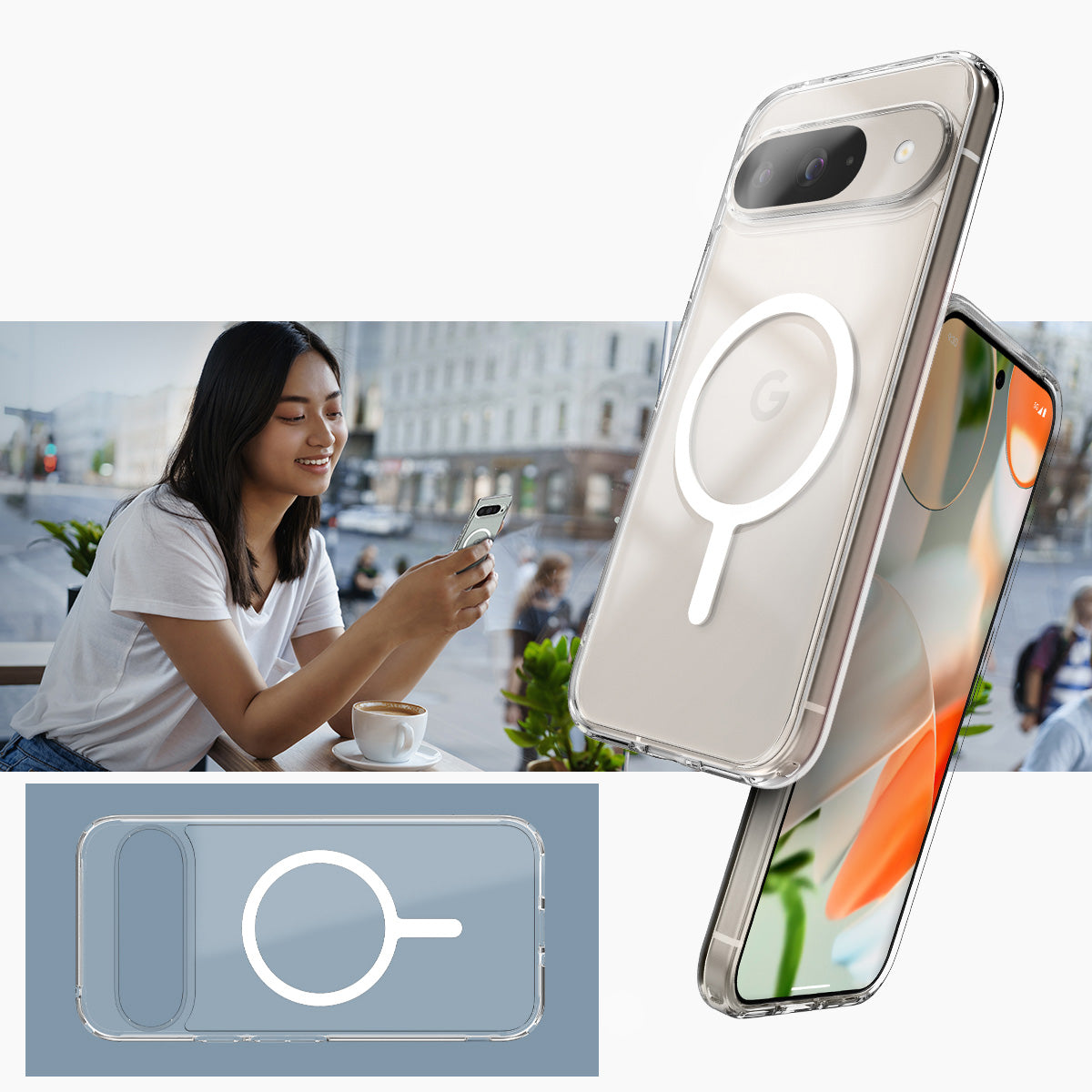 Schutzhülle für Google Pixel 9 / 9 Pro, Spigen Ultra Hybrid OneTap Metal Ring, Transparent-Weiß
