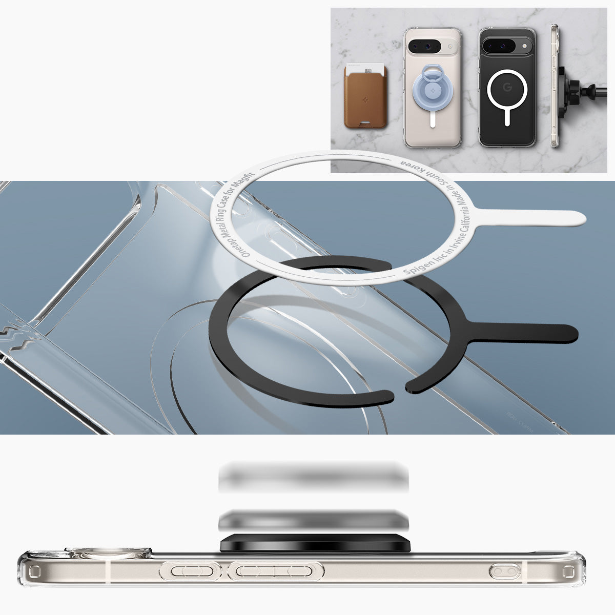 Schutzhülle für Google Pixel 9 / 9 Pro, Spigen Ultra Hybrid OneTap Metal Ring, Transparent-Weiß