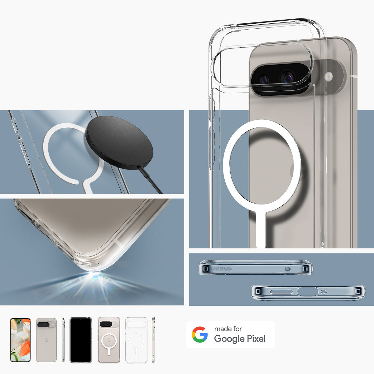 Schutzhülle für Google Pixel 9 / 9 Pro, Spigen Ultra Hybrid OneTap Metal Ring, Transparent-Weiß