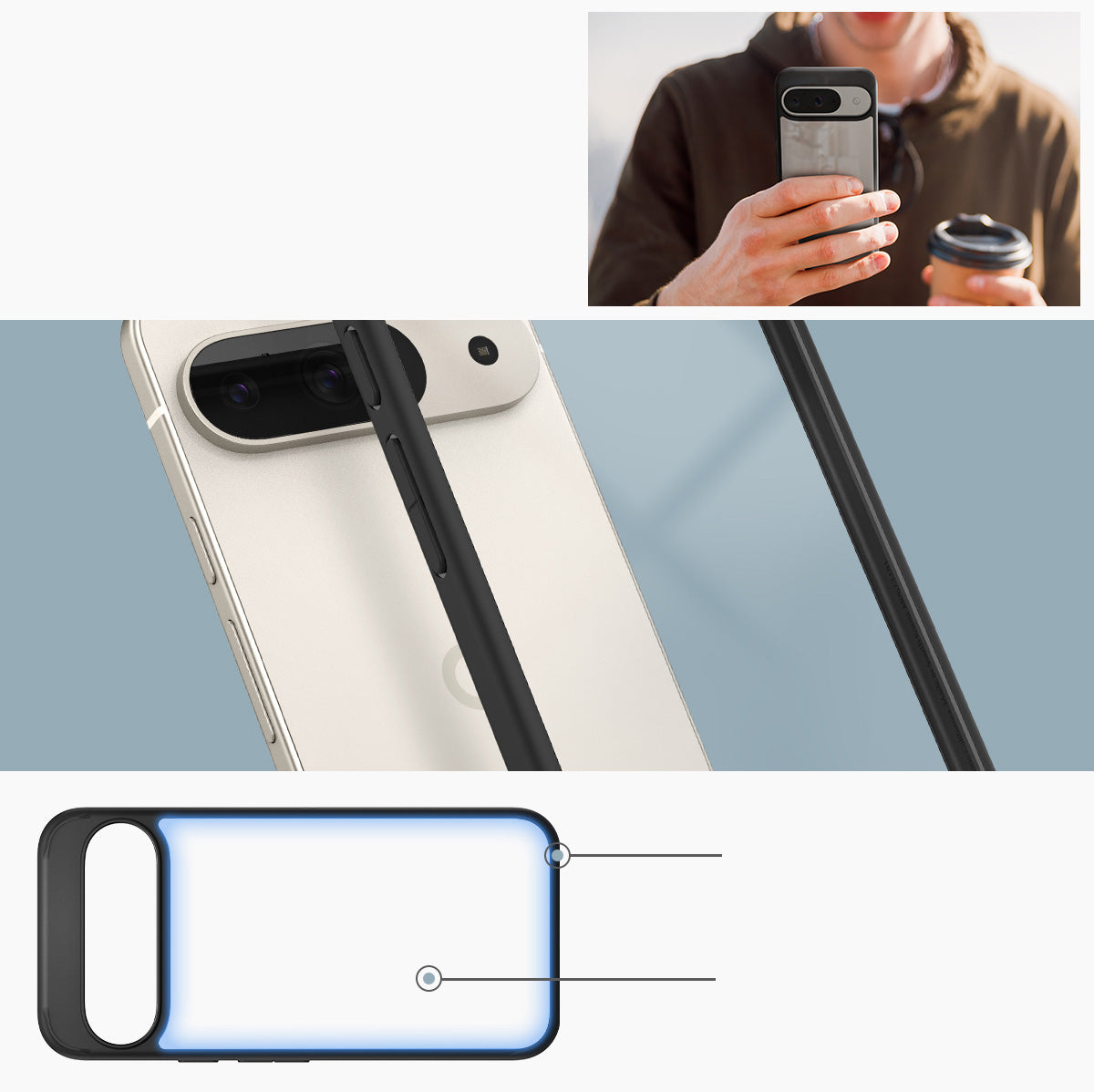 Schutzhülle für Google Pixel 9 / 9 Pro, Spigen Ultra Hybrid, Transparent/Schwarz