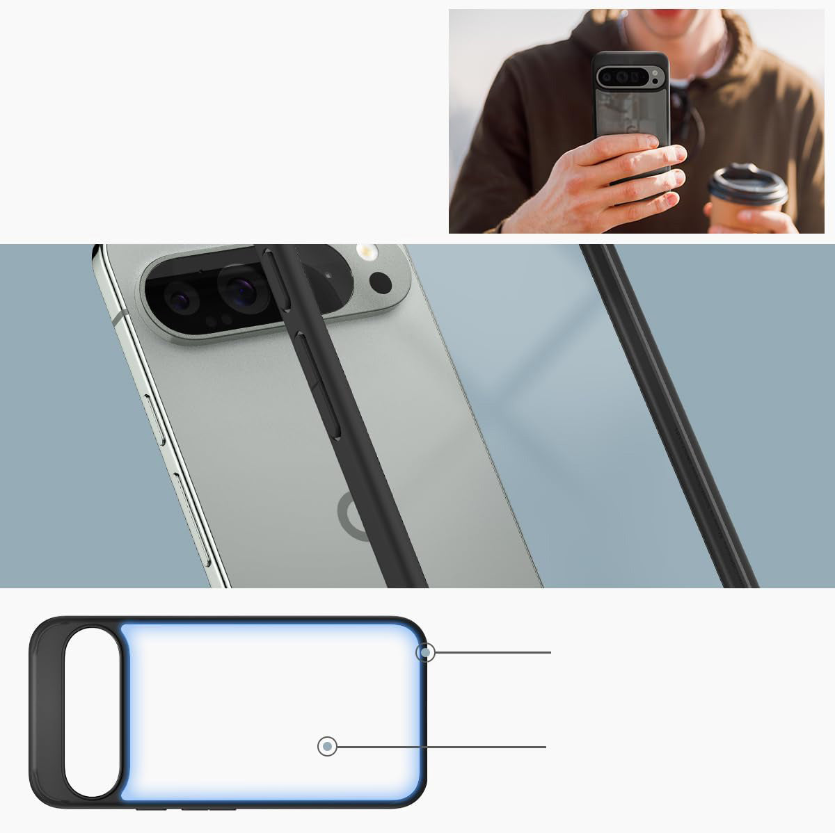 Schutzhülle für Google Pixel 9 Pro XL, Spigen Ultra Hybrid, Transparent und Schwarz