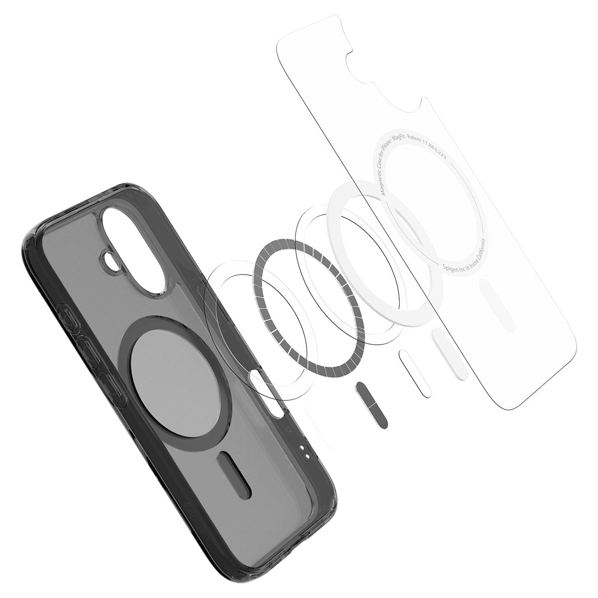 Handyhülle für iPhone 16, Spigen Ultra Hybrid T Mag (CC) mit MagSafe, Durchscheinend-Schwarz