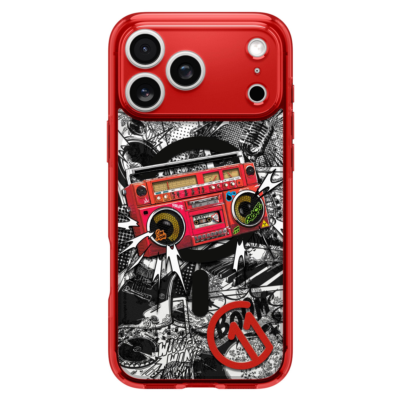 Handyhülle für iPhone 17 Pro, Spigen Ultra Hybrid T Mag (CC) mit MagSafe, Rot-Gemustert (C11 Blast)