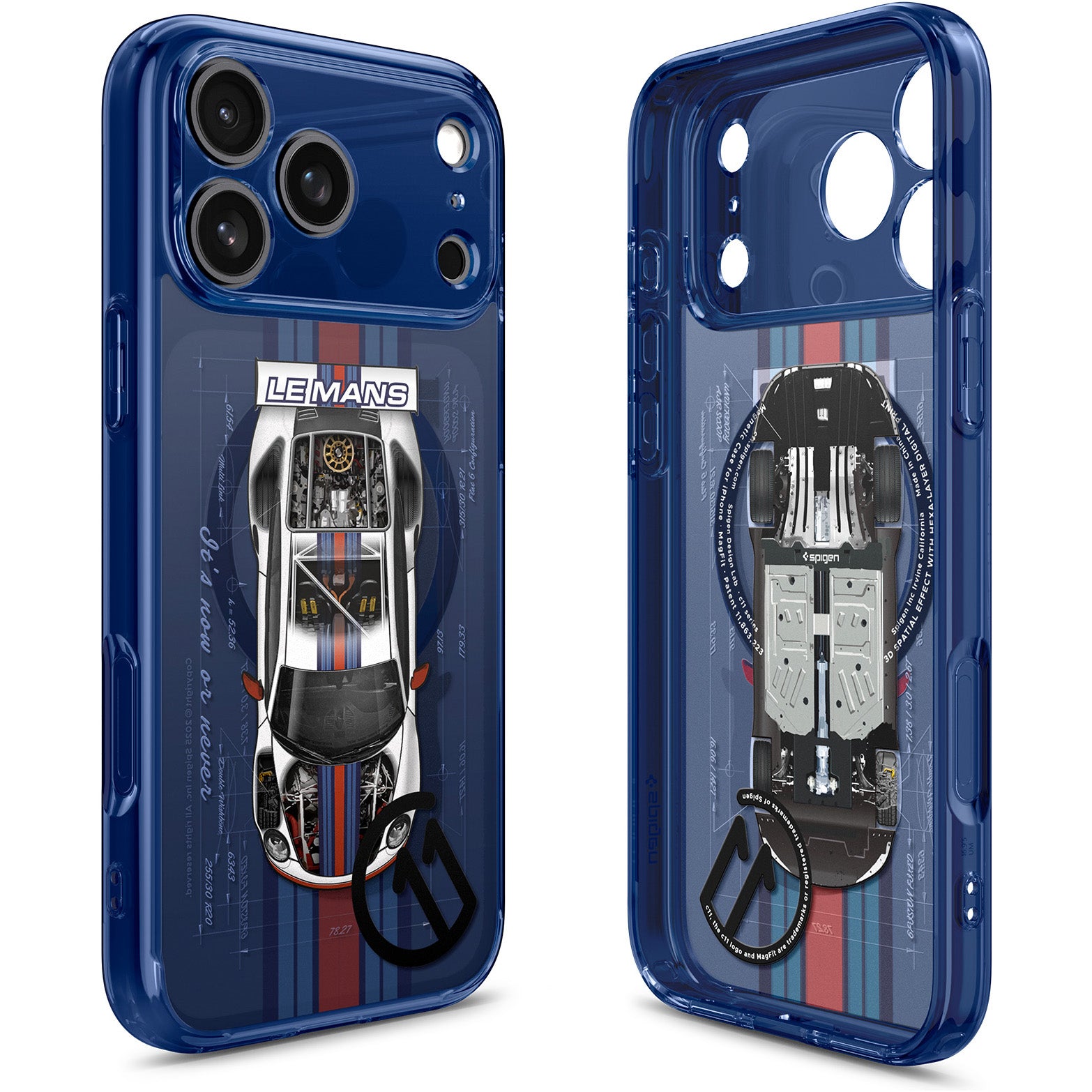 Handyhülle für iPhone 17 Pro, Spigen Ultra Hybrid T Mag (CC) mit MagSafe, Dunkelblau-Gemustert (C11 Le Mans)