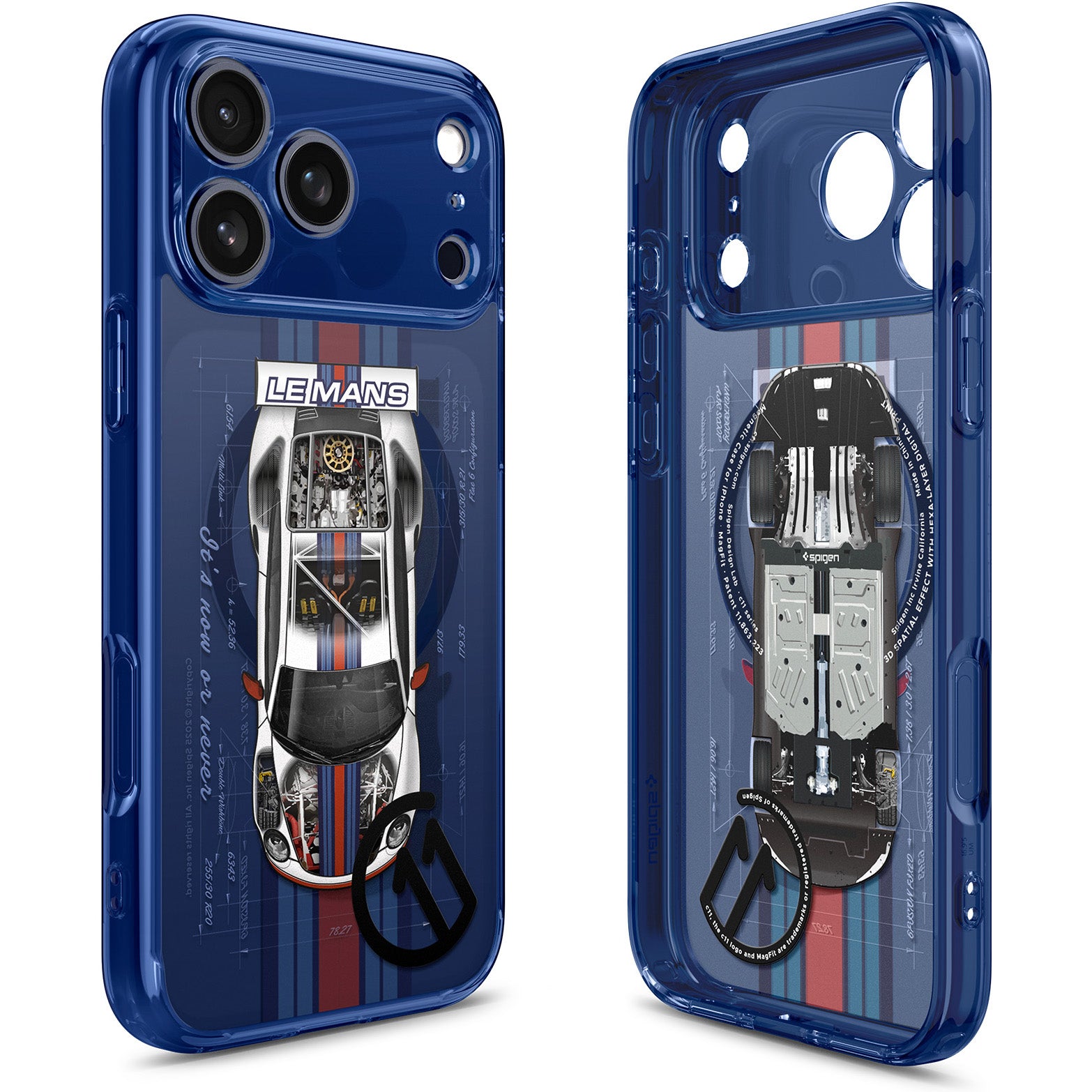Handyhülle für iPhone 17 Pro, Spigen Ultra Hybrid T Mag (CC) mit MagSafe, Dunkelblau-Gemustert (C11 Le Mans)