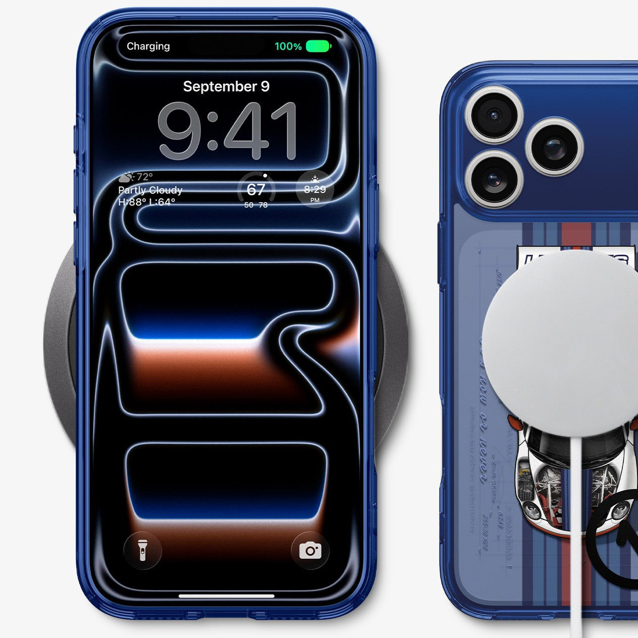 Handyhülle für iPhone 17 Pro, Spigen Ultra Hybrid T Mag (CC) mit MagSafe, Dunkelblau-Gemustert (C11 Le Mans)