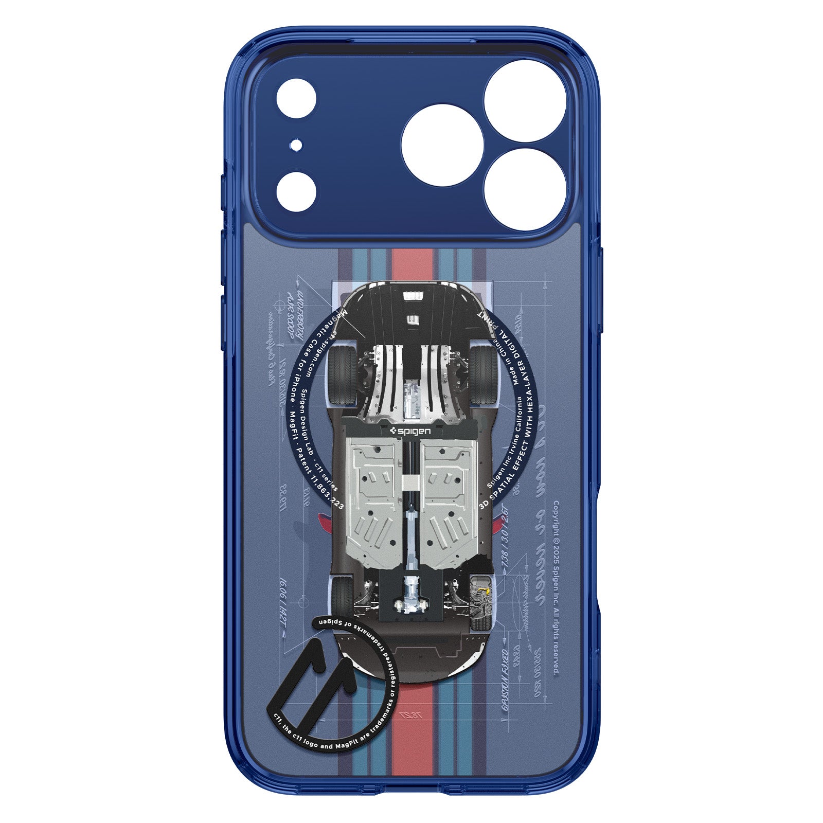 Handyhülle für iPhone 17 Pro Max, Spigen Ultra Hybrid T Mag (CC) mit MagSafe, Dunkelblau-Gemustert (C11 Le Mans)