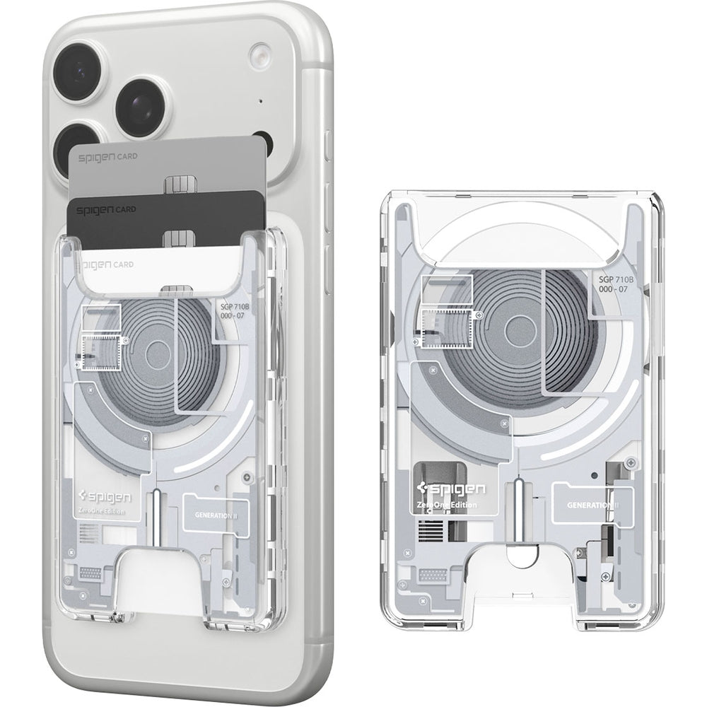 Kartenetui mit MagSafe, Spigen Ultra Hybrid Mag Wallet, Weiß-Grau (Zero One)