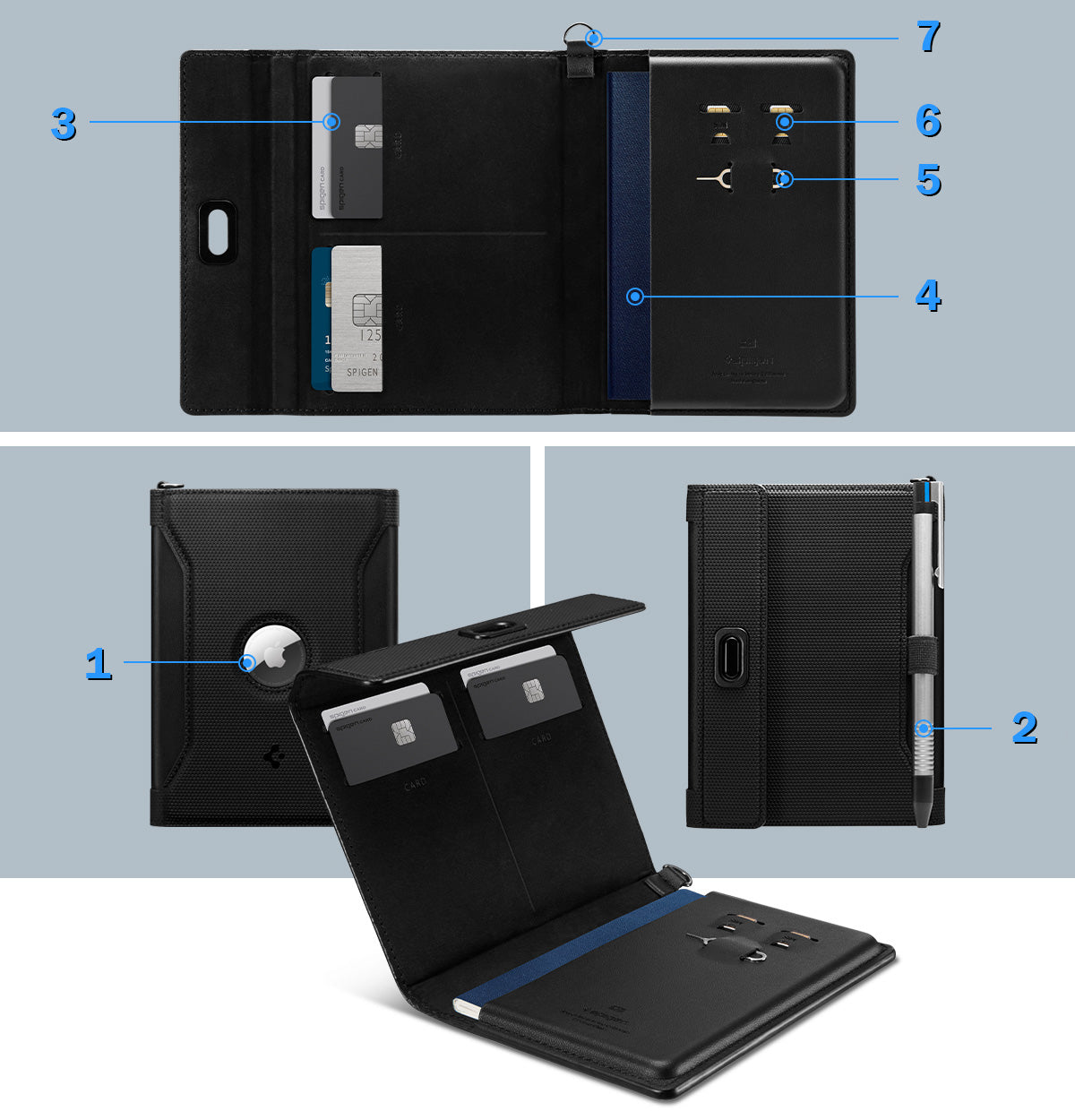 RFID-Brieftasche, Karten-/Passport-/AirTag-/Dokumentenetui, Spigen Universal Passport Holder AirTag, Schwarz