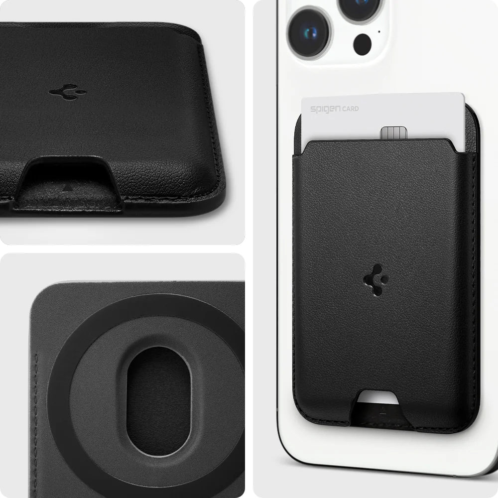 Kartenetui mit MagSafe Spigen Valentinus Mag Fit, veganem Leder, Schwarz