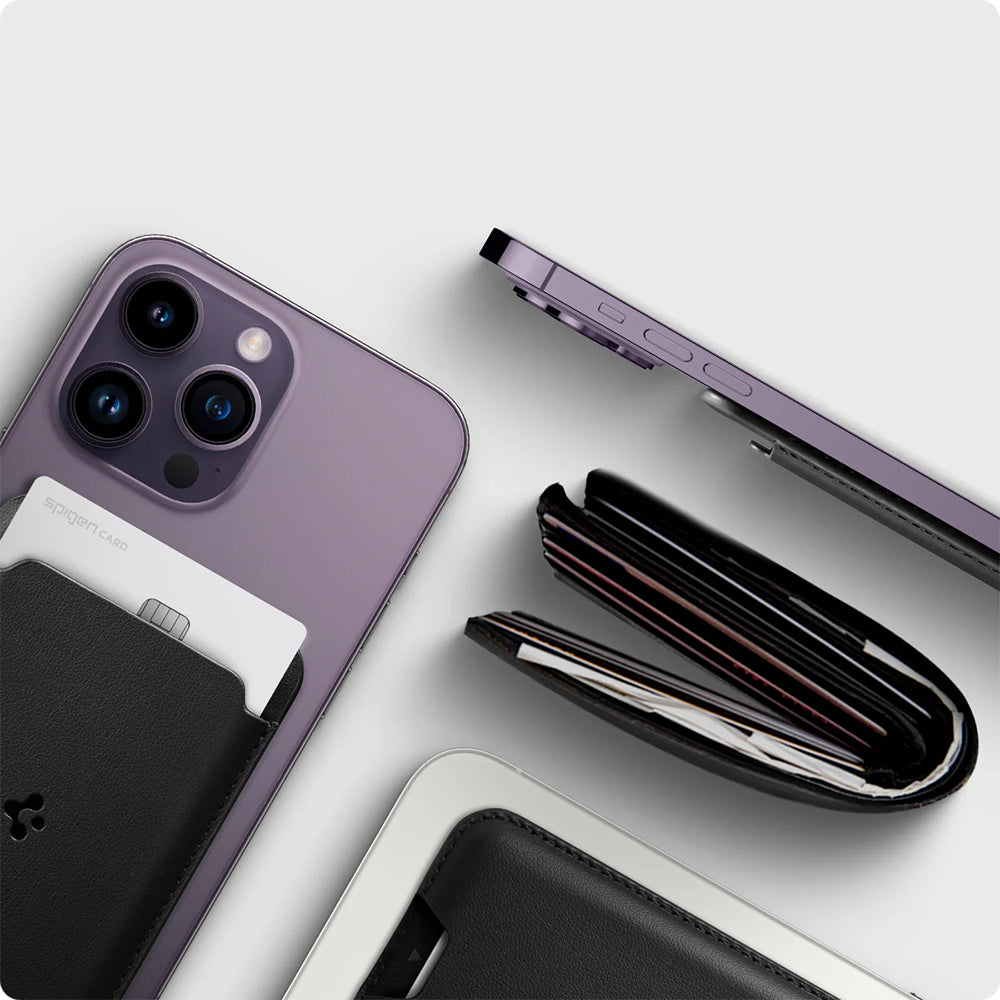 Kartenetui mit MagSafe Spigen Valentinus Mag Fit, veganem Leder, Schwarz