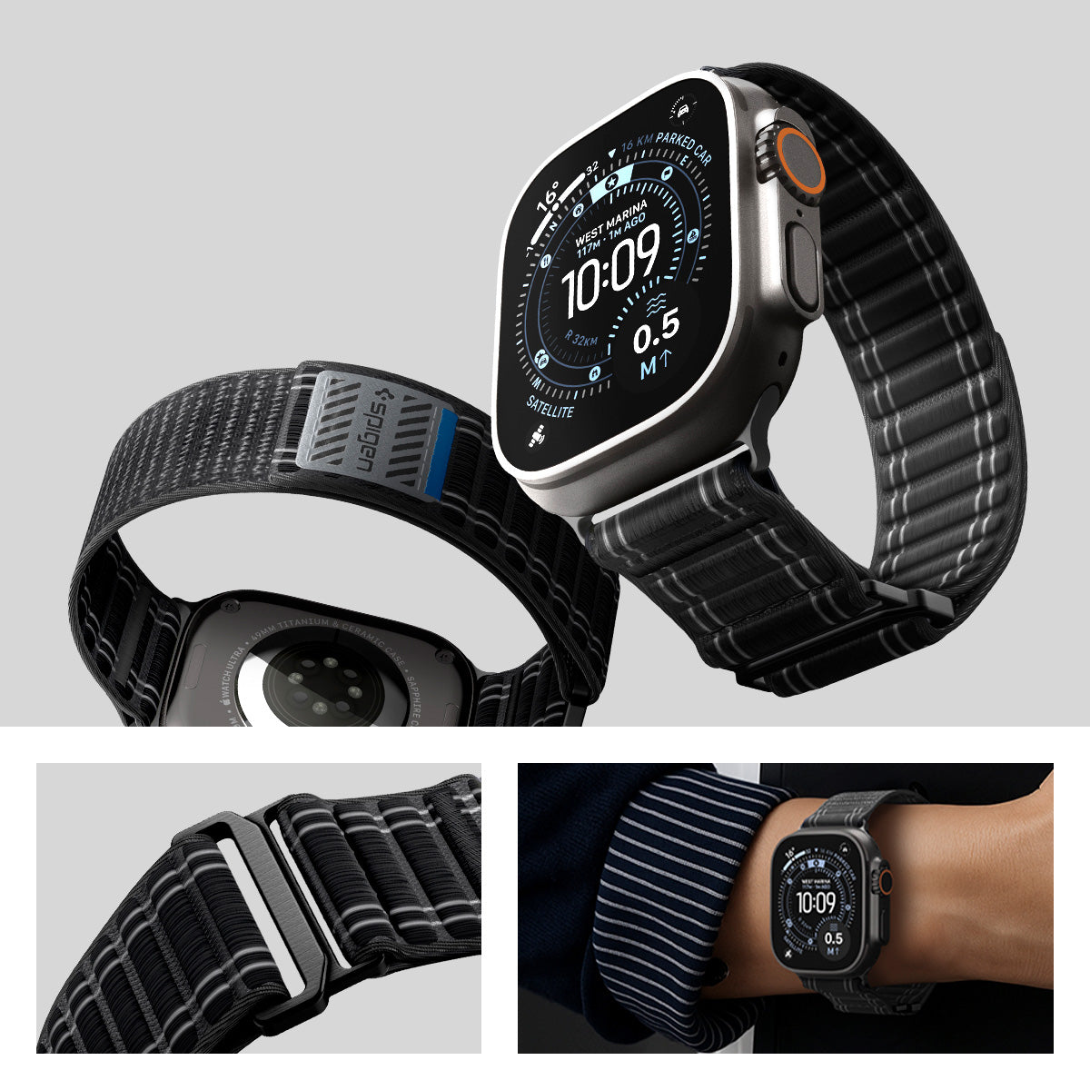 Nylon Armband für Apple Watch 49/46/45/44 mm, Spigen WBF0, Schwarz