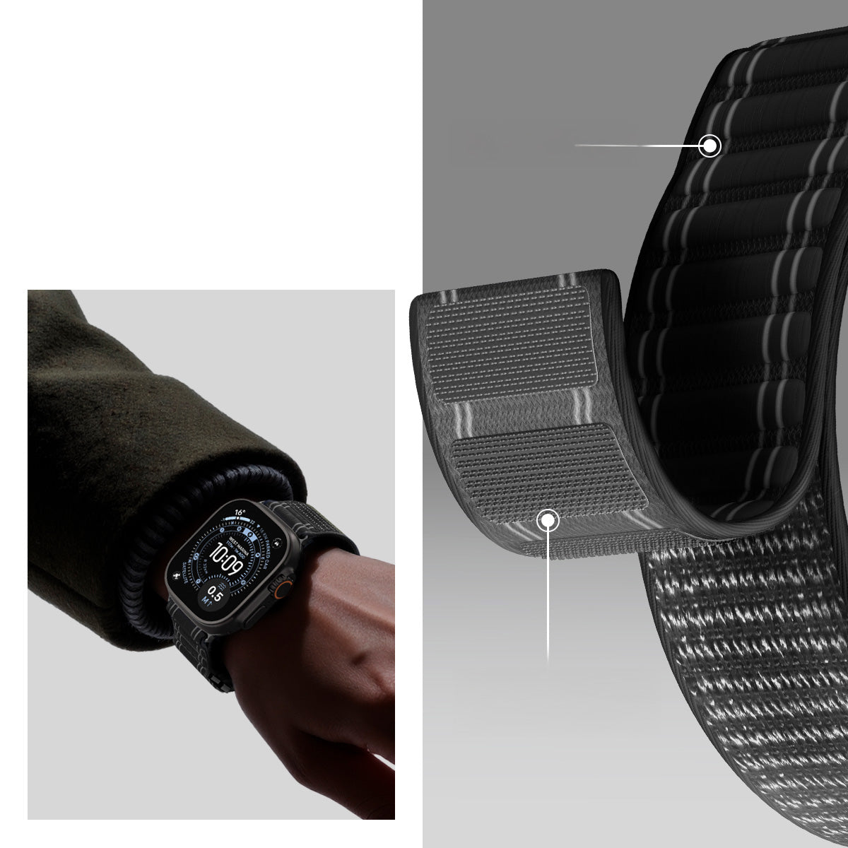 Nylon Armband für Apple Watch 49/46/45/44 mm, Spigen WBF0, Schwarz