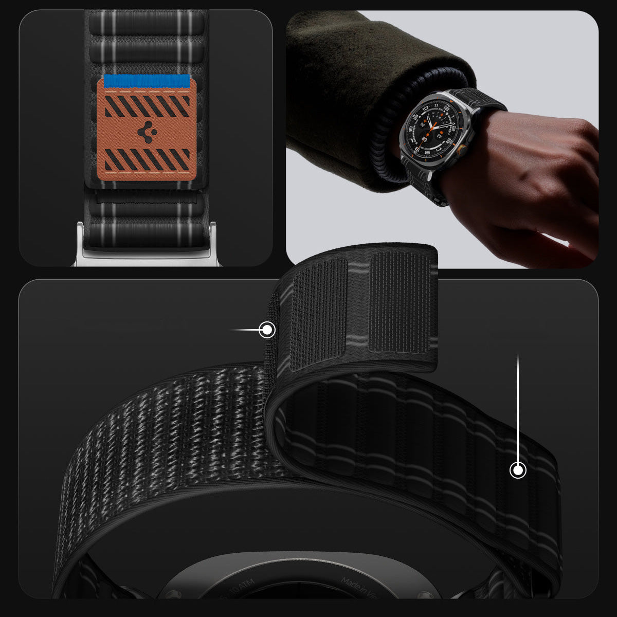 Nylon Armband für Galaxy Watch Ultra 2 / 1, Spigen WBF0, Schwarz