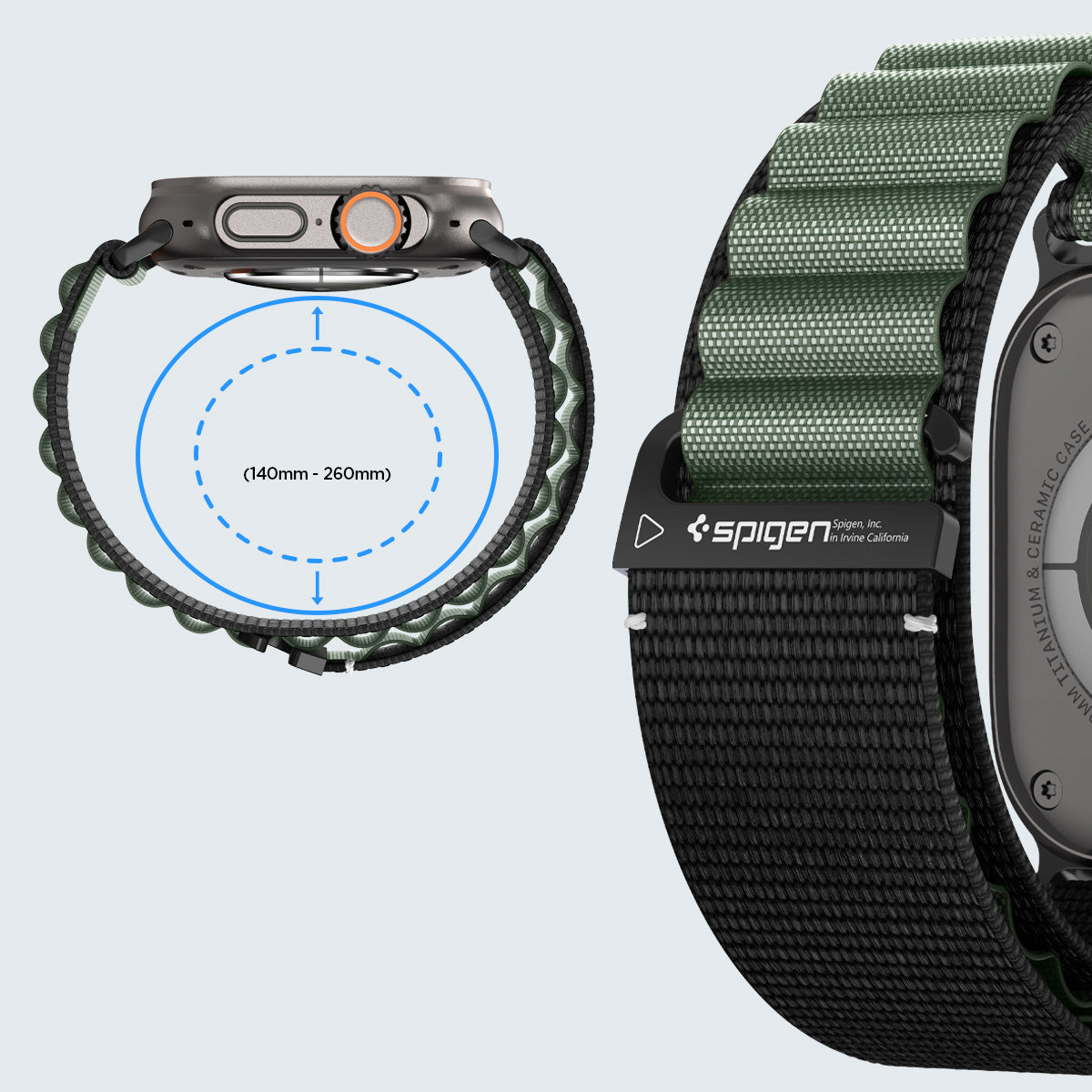 Armband für Apple Watch 49/46/45/44 mm, Spigen WBF1 Band, Schwarz-Grün
