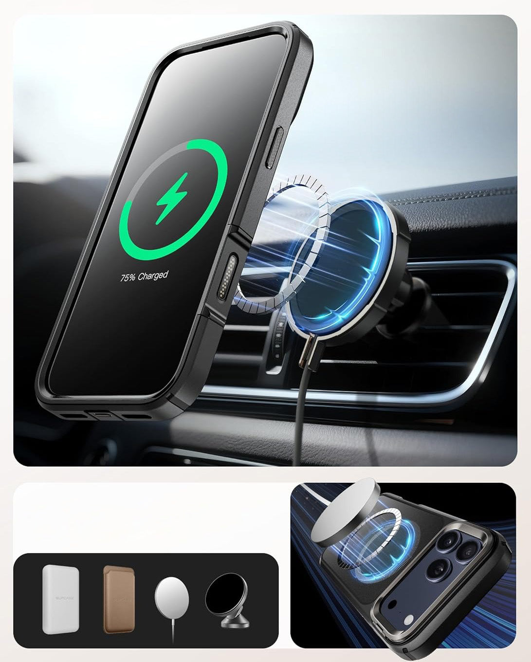 Handyhülle + Glas 9H für iPhone 17 Pro, Supcase i-Blason Ares Flip Mag SPG (CC) mit MagSafe, Schwarz-Grau