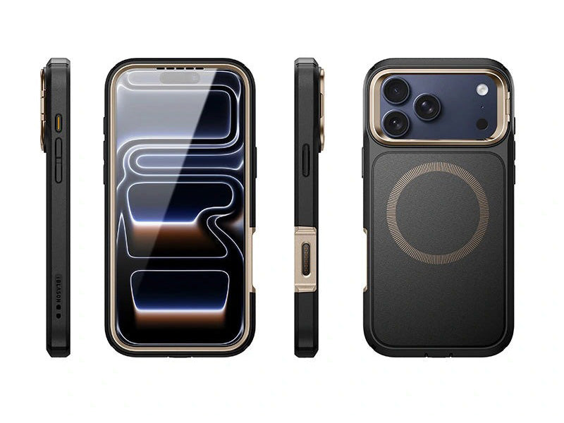Handyhülle + Glas 9H für iPhone 17 Pro, Supcase i-Blason Ares Flip Mag SPG (CC) mit MagSafe, Schwarz-Golden