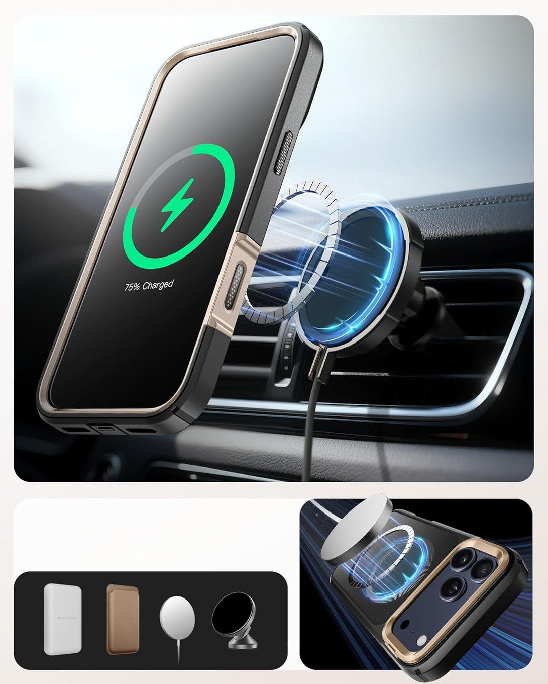 Handyhülle + Glas 9H für iPhone 17 Pro Max, Supcase i-Blason Ares Flip Mag SPG (CC) mit MagSafe, Schwarz-Golden