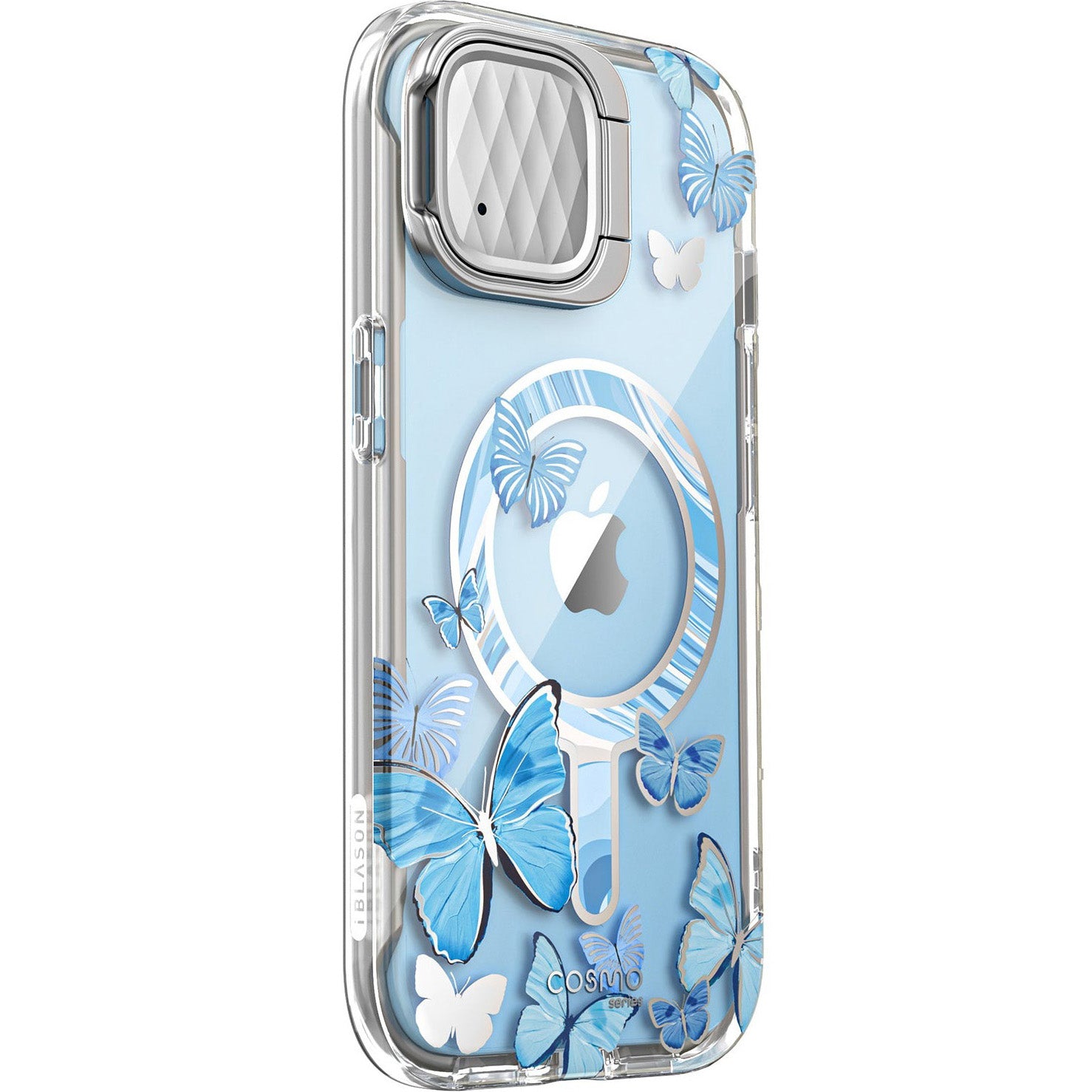 Schutzhülle für iPhone 15, Supcase i-Blason Cosmo Mag SP Stand für MagSafe, Transparent-Blau mit Schmetterlingen