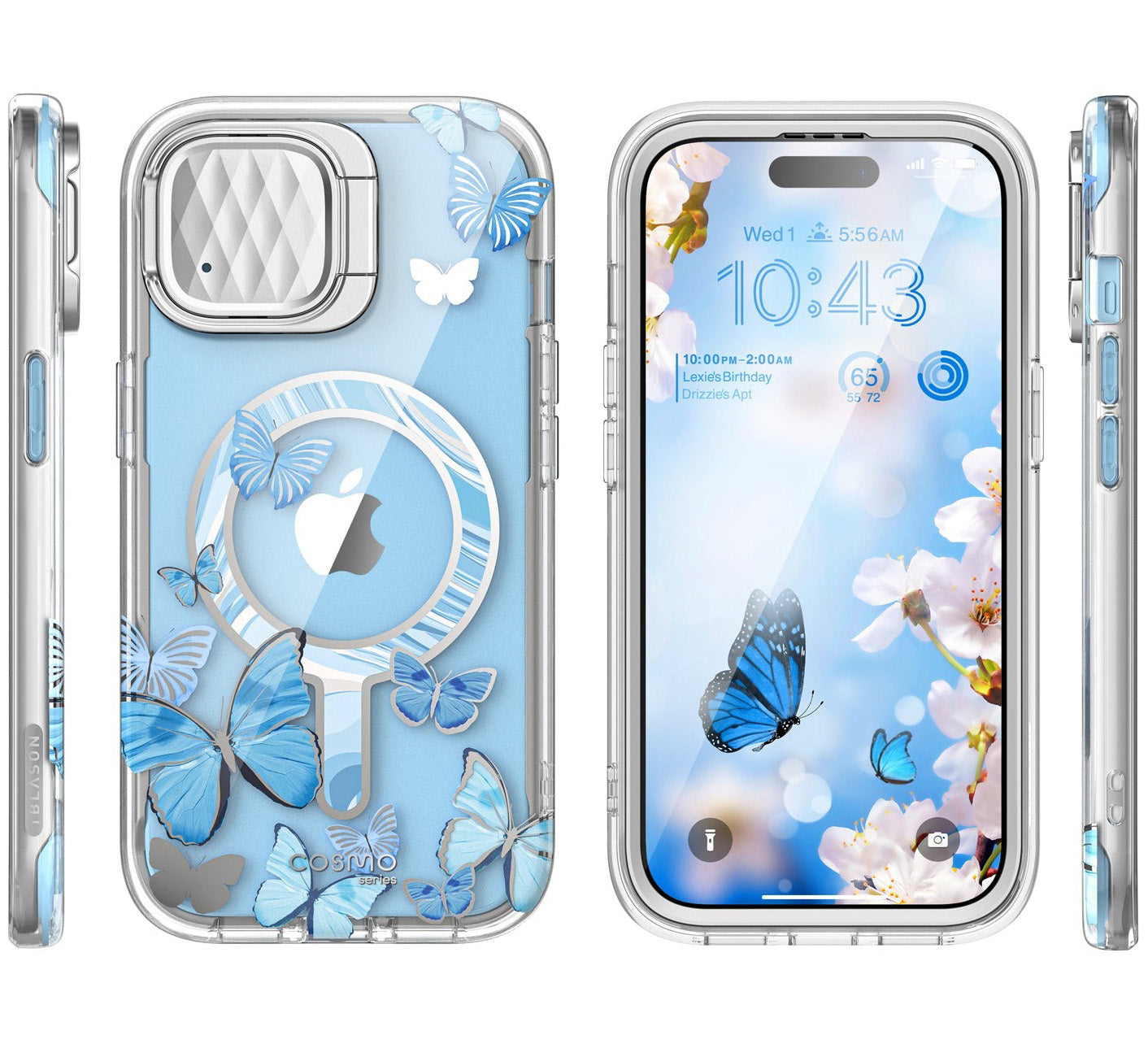Schutzhülle für iPhone 15, Supcase i-Blason Cosmo Mag SP Stand für MagSafe, Transparent-Blau mit Schmetterlingen