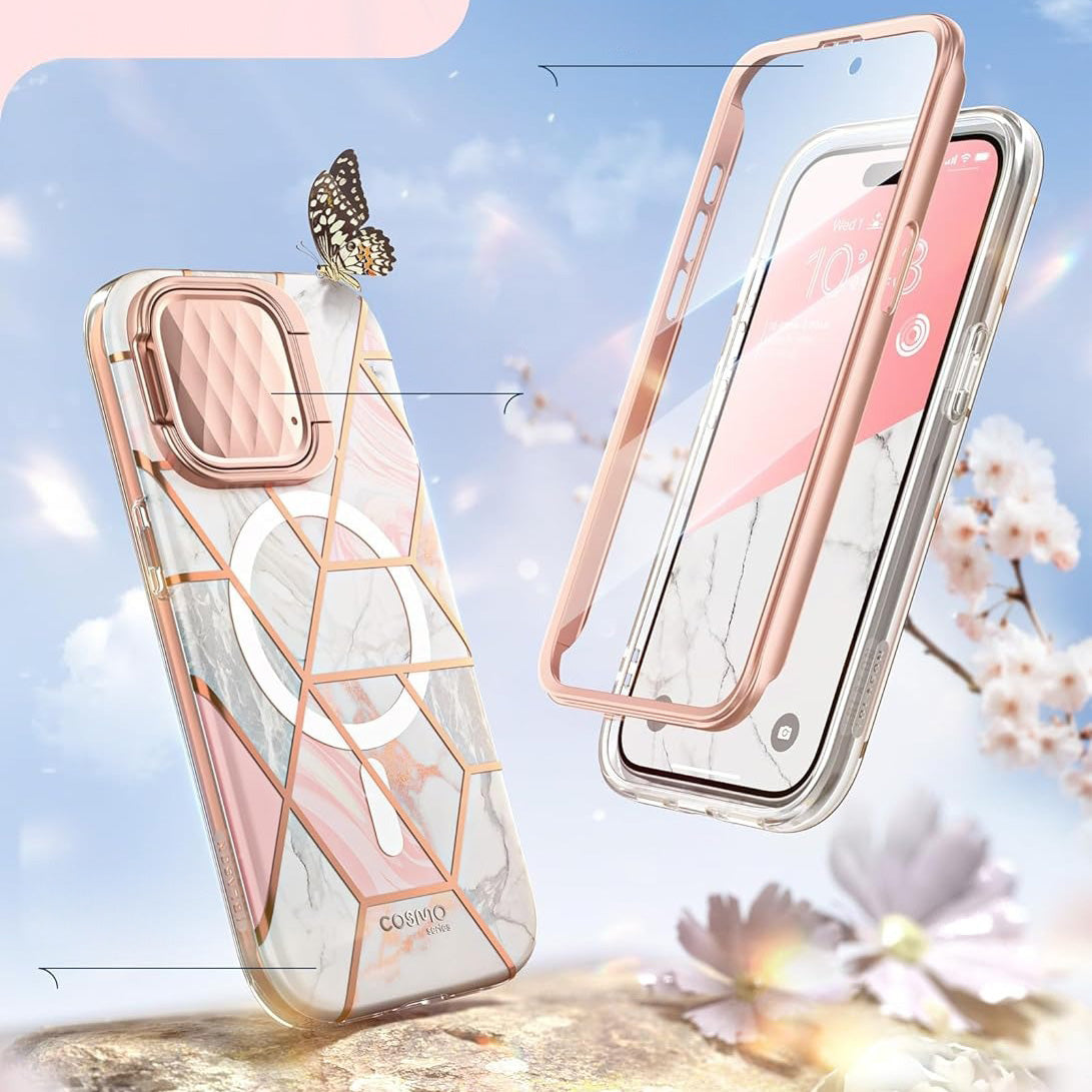 Schutzhülle Supcase i-Blason Cosmo Mag mit MagSafe SP Stand für iPhone 15 Pro, Marmor-Rosa