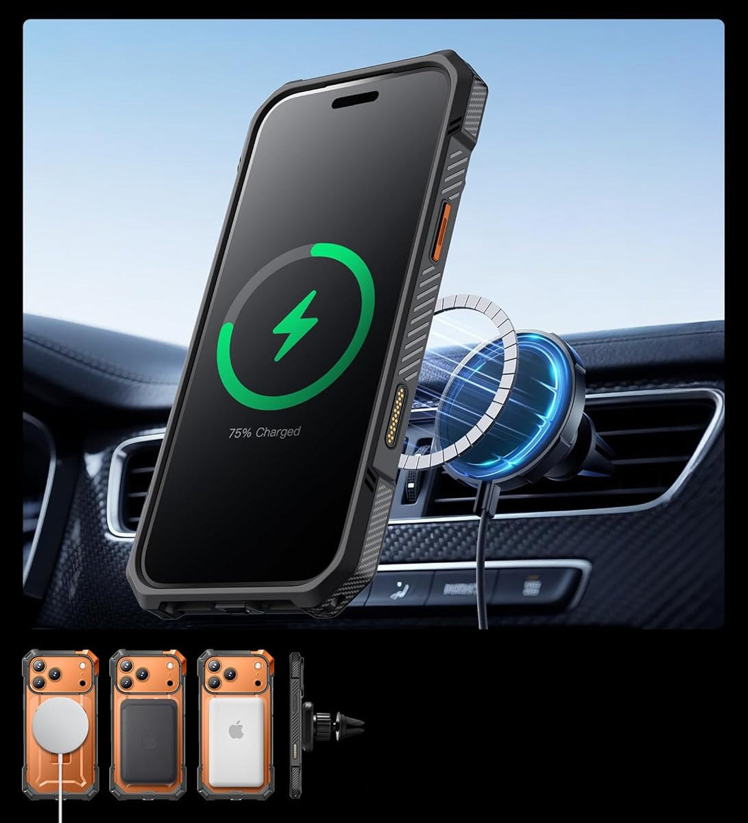 Handyhülle für iPhone 17 Pro, Supcase UB Grip Mag mit MagSafe (CC), Grau-Transparent-Orange
