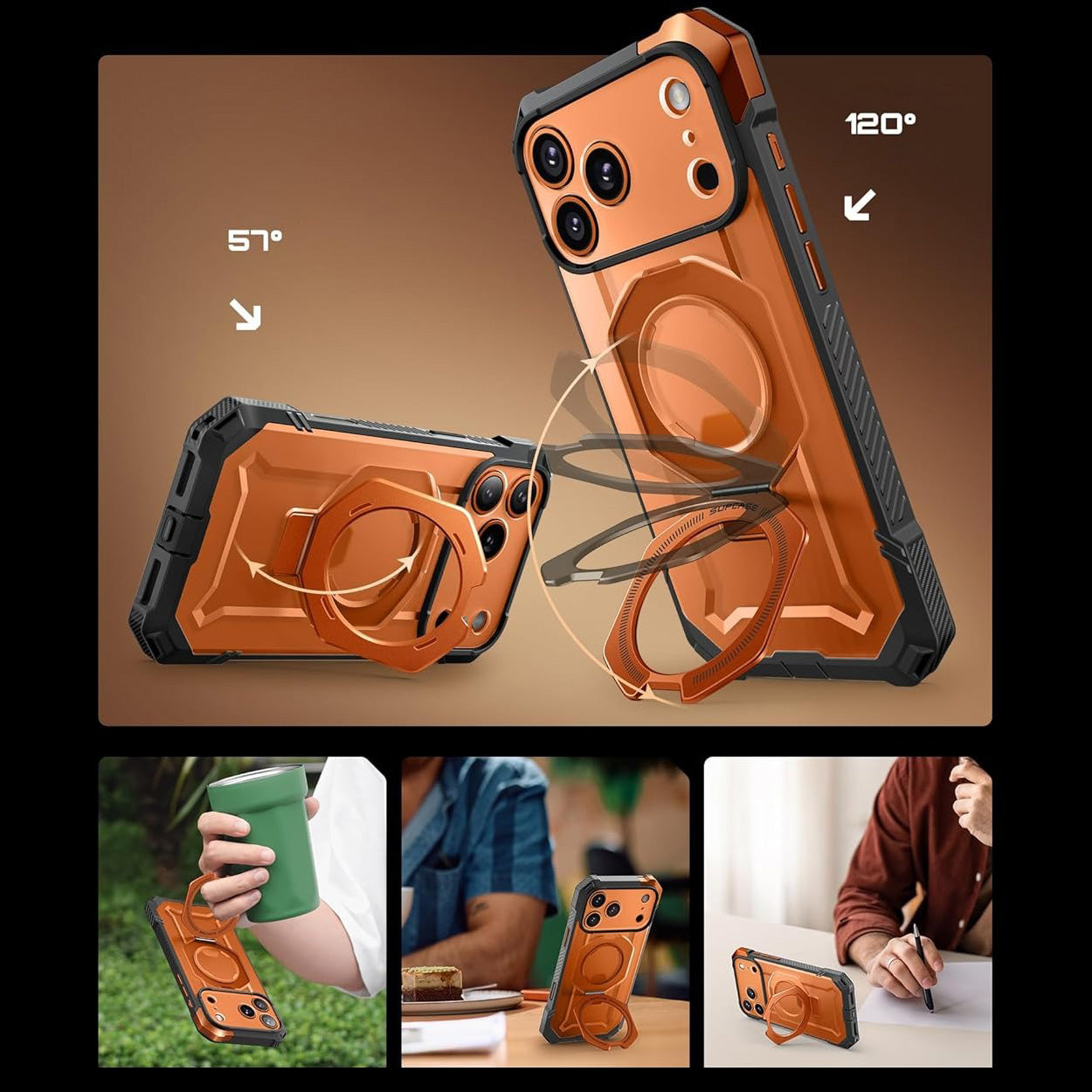 Handyhülle für iPhone 17 Pro Max, Supcase UB Grip Mag mit MagSafe (CC), Grau-Transparent-Orange
