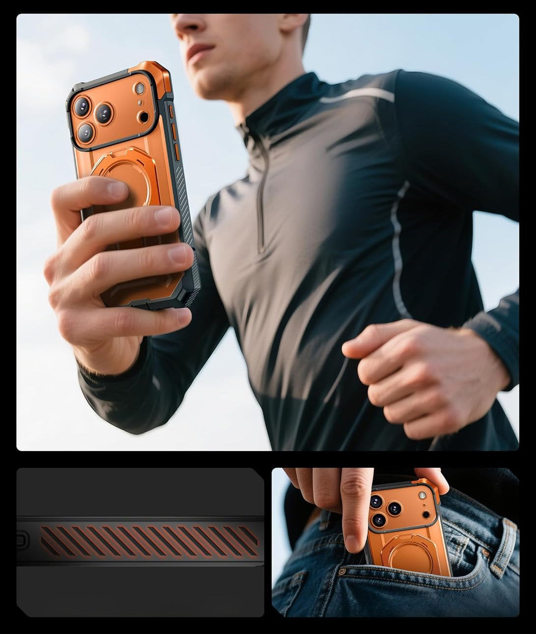 Handyhülle für iPhone 17 Pro Max, Supcase UB Grip Mag mit MagSafe (CC), Grau-Transparent-Orange