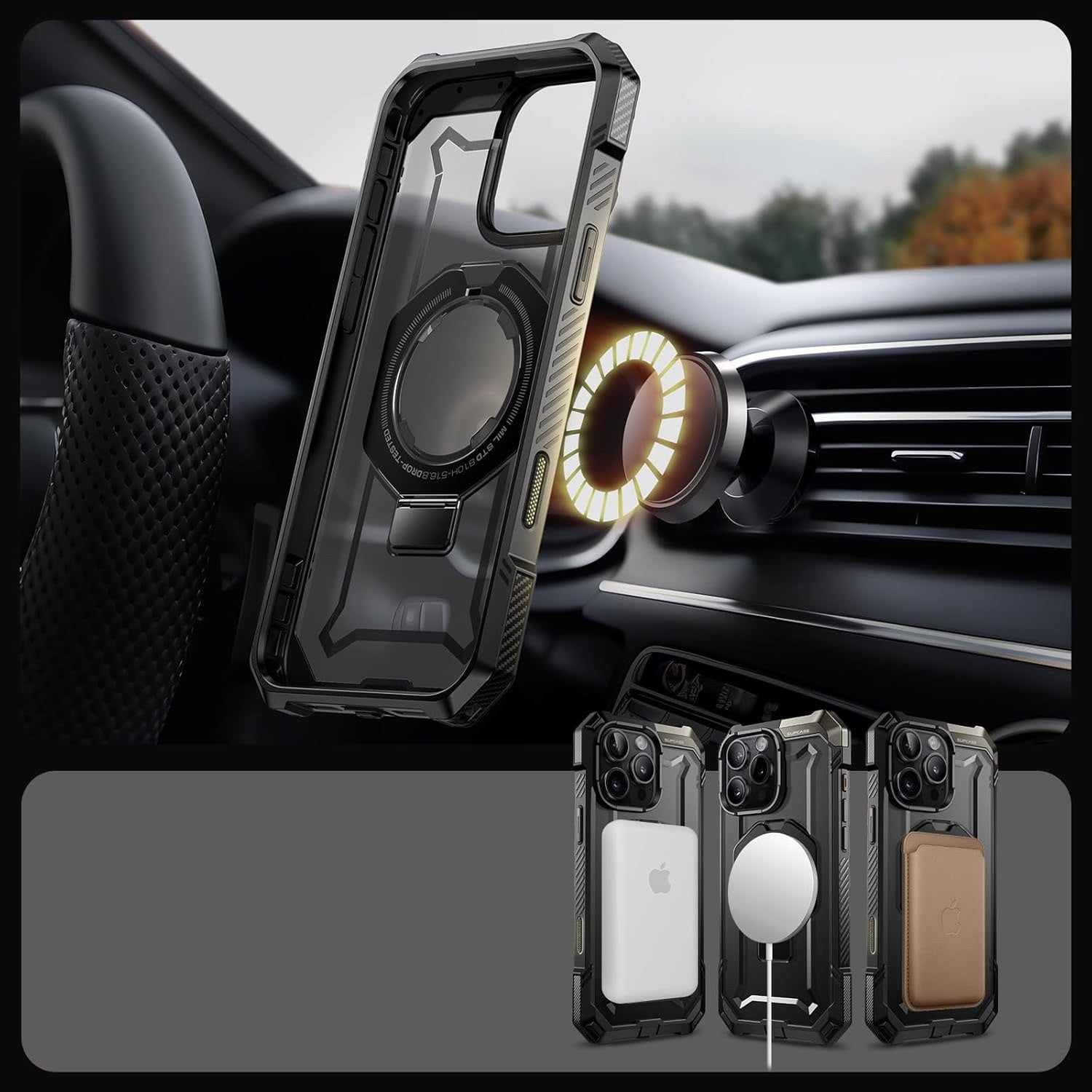 Handyhülle für iPhone 16 Pro Max, Supcase UB Grip Mag mit MagSafe (CC), Schwarz-Transparent