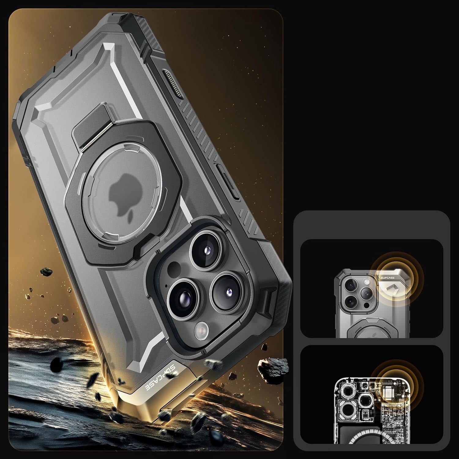 Handyhülle für iPhone 16 Pro Max, Supcase UB Grip Mag mit MagSafe (CC), Grau-Transparent