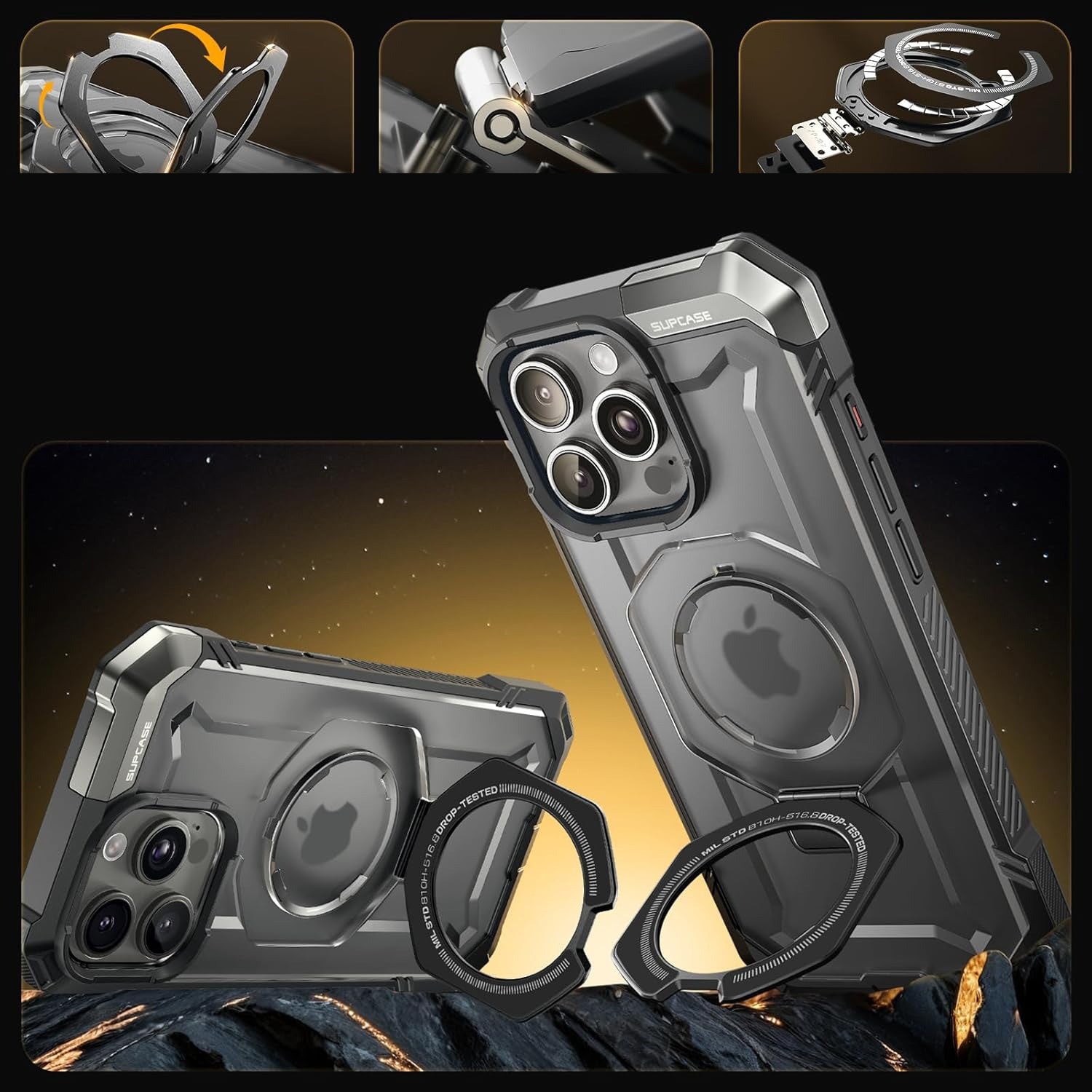 Handyhülle für iPhone 16 Pro Max, Supcase UB Grip Mag mit MagSafe (CC), Grau-Transparent